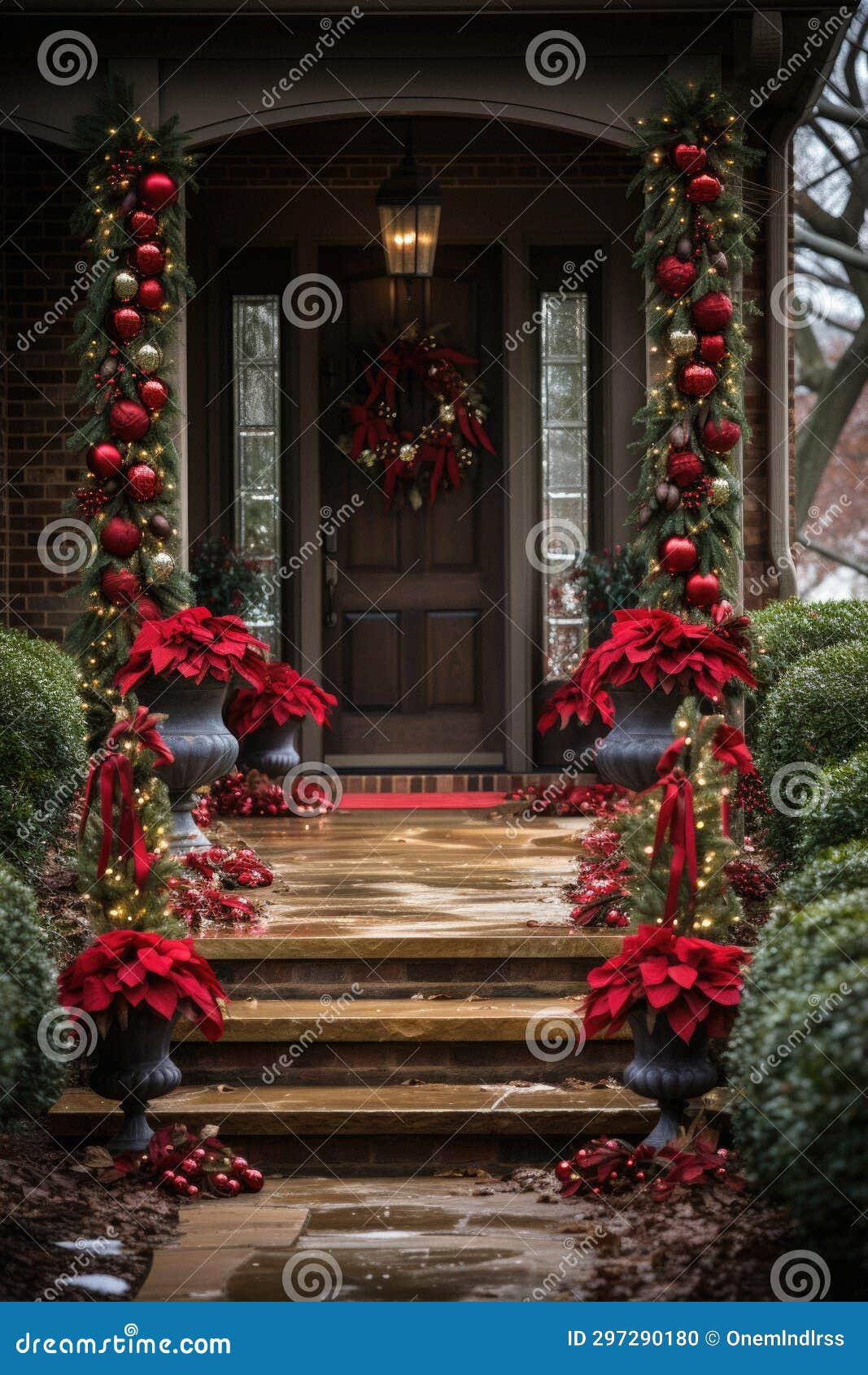 Christmas Decorations on Front Door of a Home with Christmas Trees Stock Photo Image of