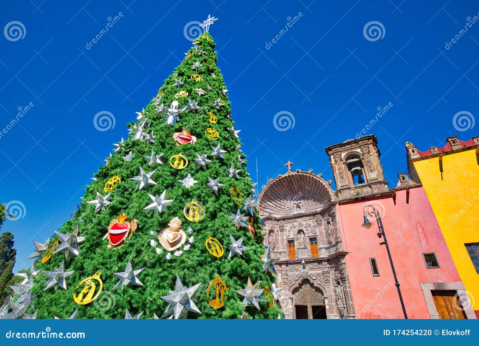 christmas decorations in front of nuestra senora de salud church in historic city center