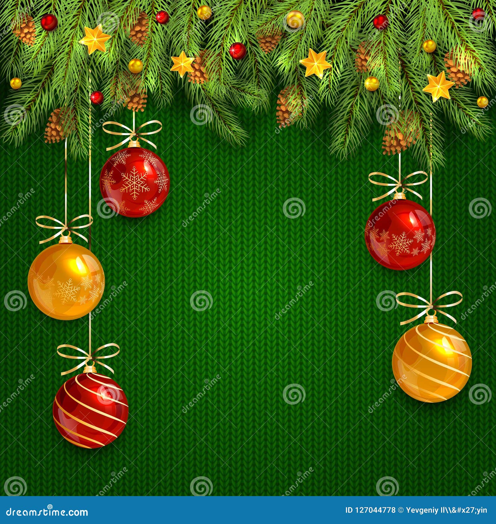 Christmas Decorations on Green Knitted Background with Fir Tree Stock ...