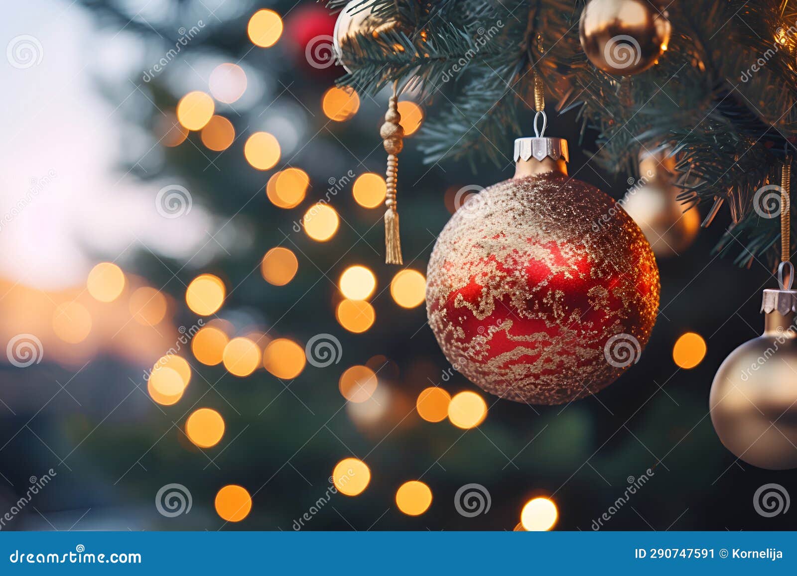 Christmas Decorations on the Green Tree Stock Image - Image of shiny ...