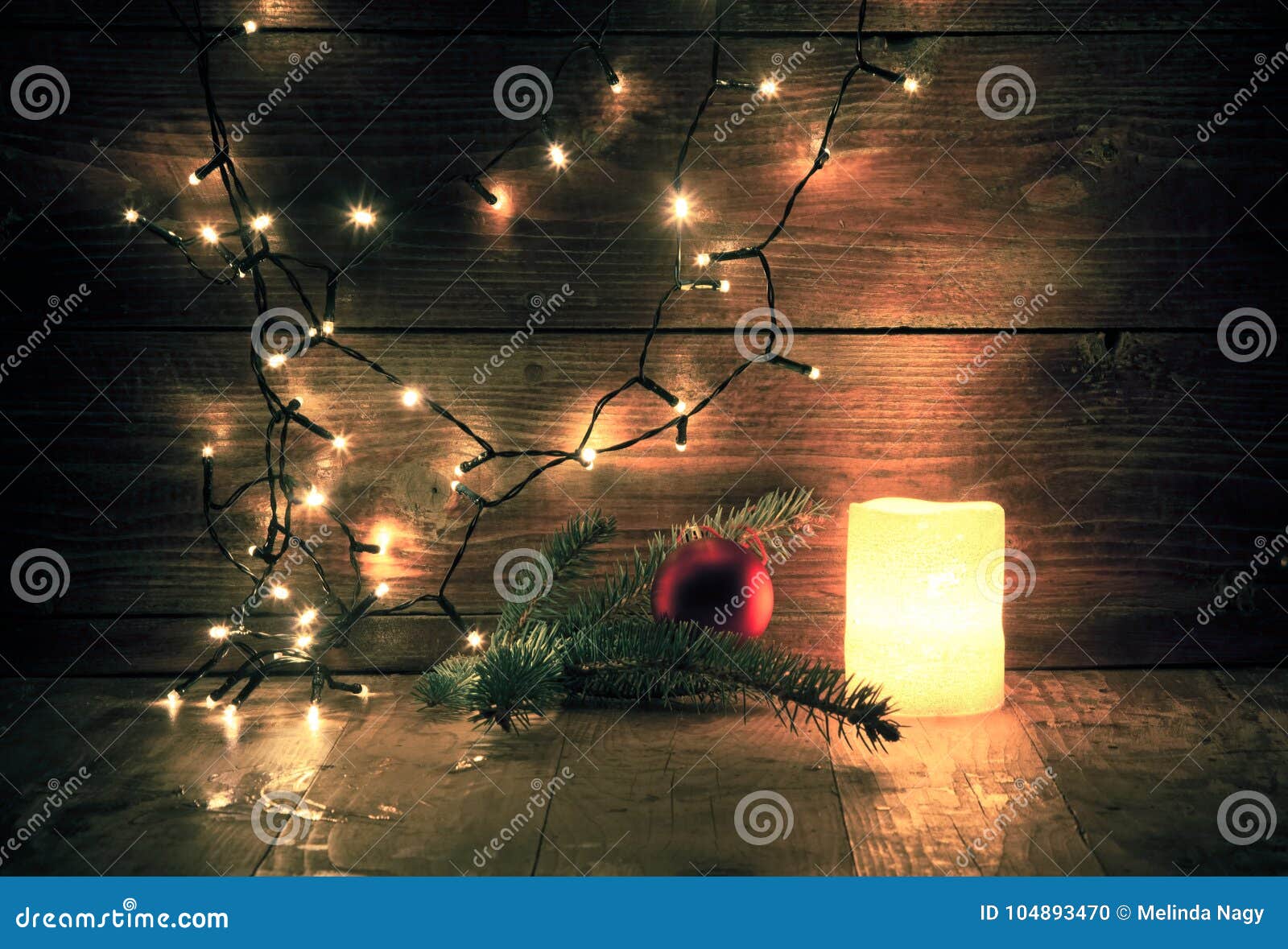 Christmas Decorations and Lights on Wooden Background Stock Photo ...