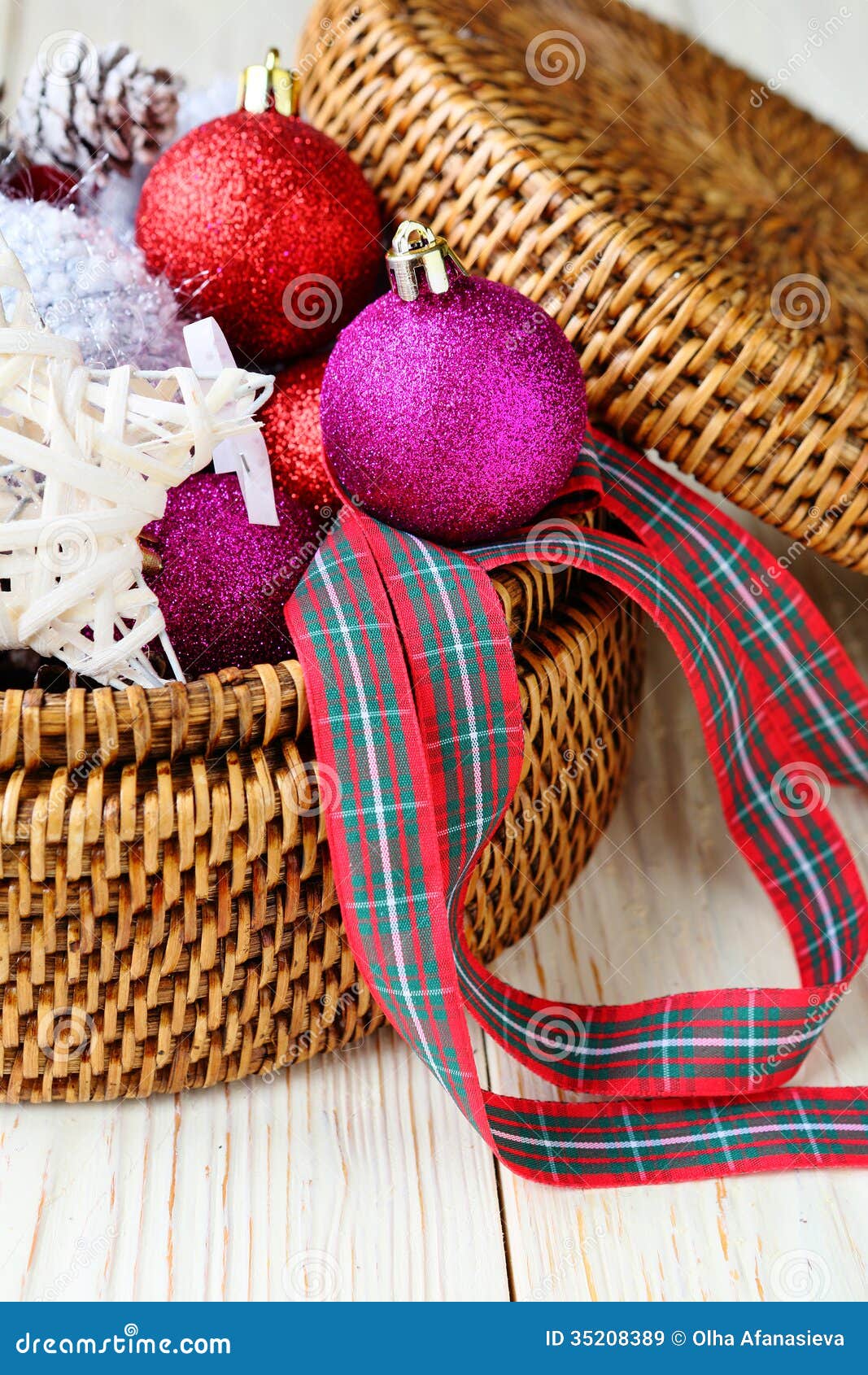 Christmas Decorations in a Round Wicker Basket Stock Image Image of