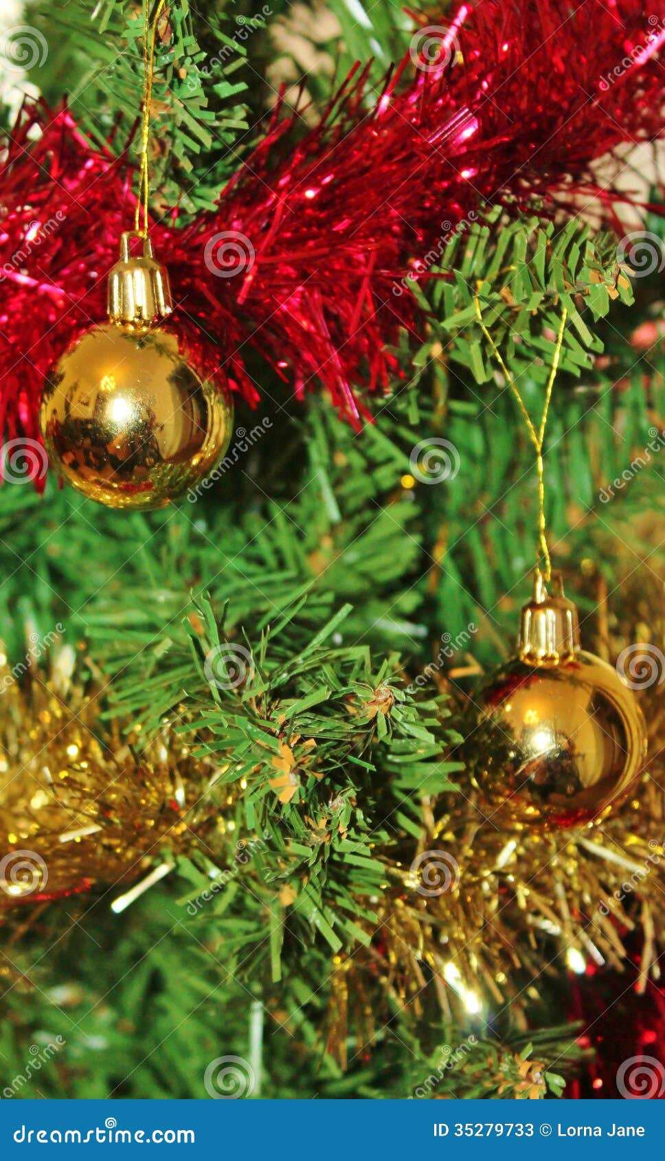 Christmas Decorations for Tree in Gold Glitter and Red Stock Image