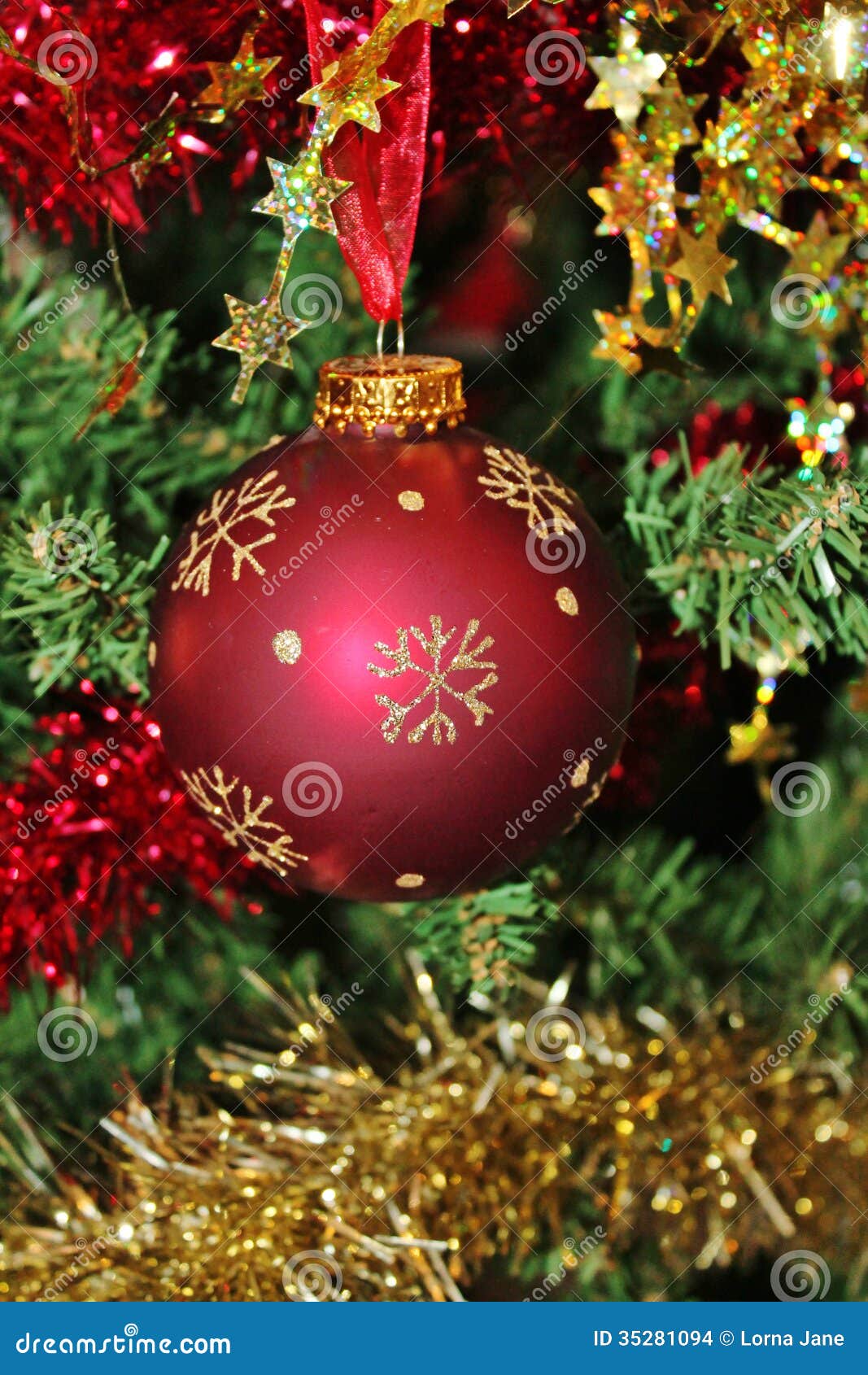 Christmas Decorations for Tree in Gold Glitter and Red Stock Photo ...