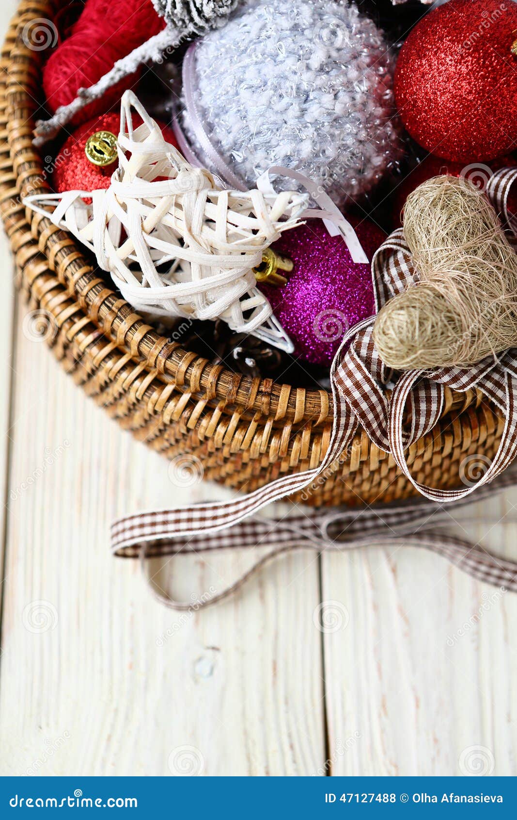 Christmas Decorations in a Wicker Basket Stock Photo Image of