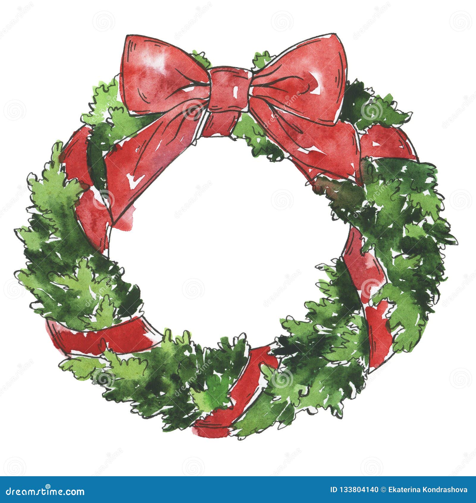 Christmas Decorative Pine Tree Wreath With Red Bow. Stock ...