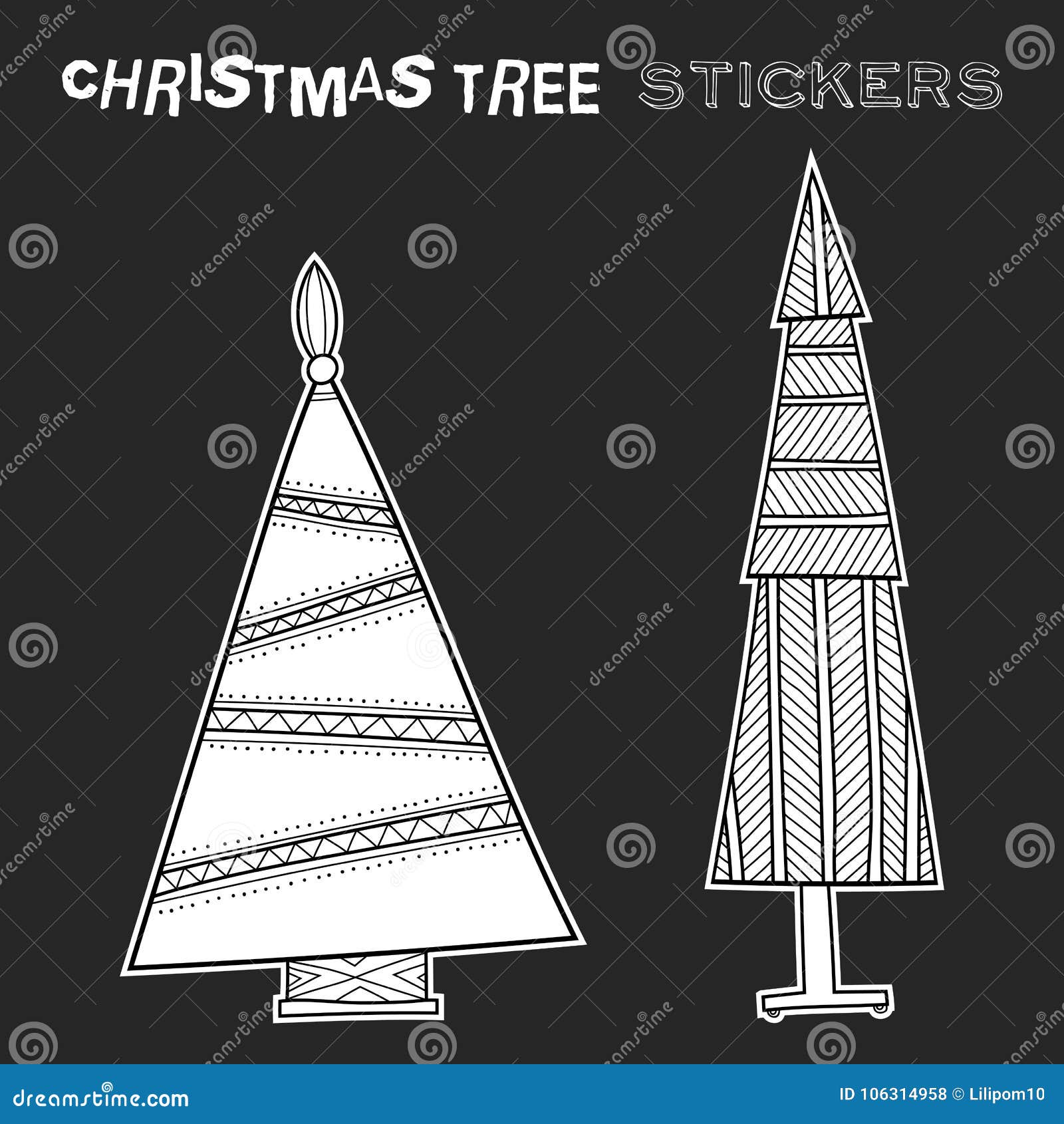 Christmas Decorative Trees. Black and White Illustration for Coloring ...