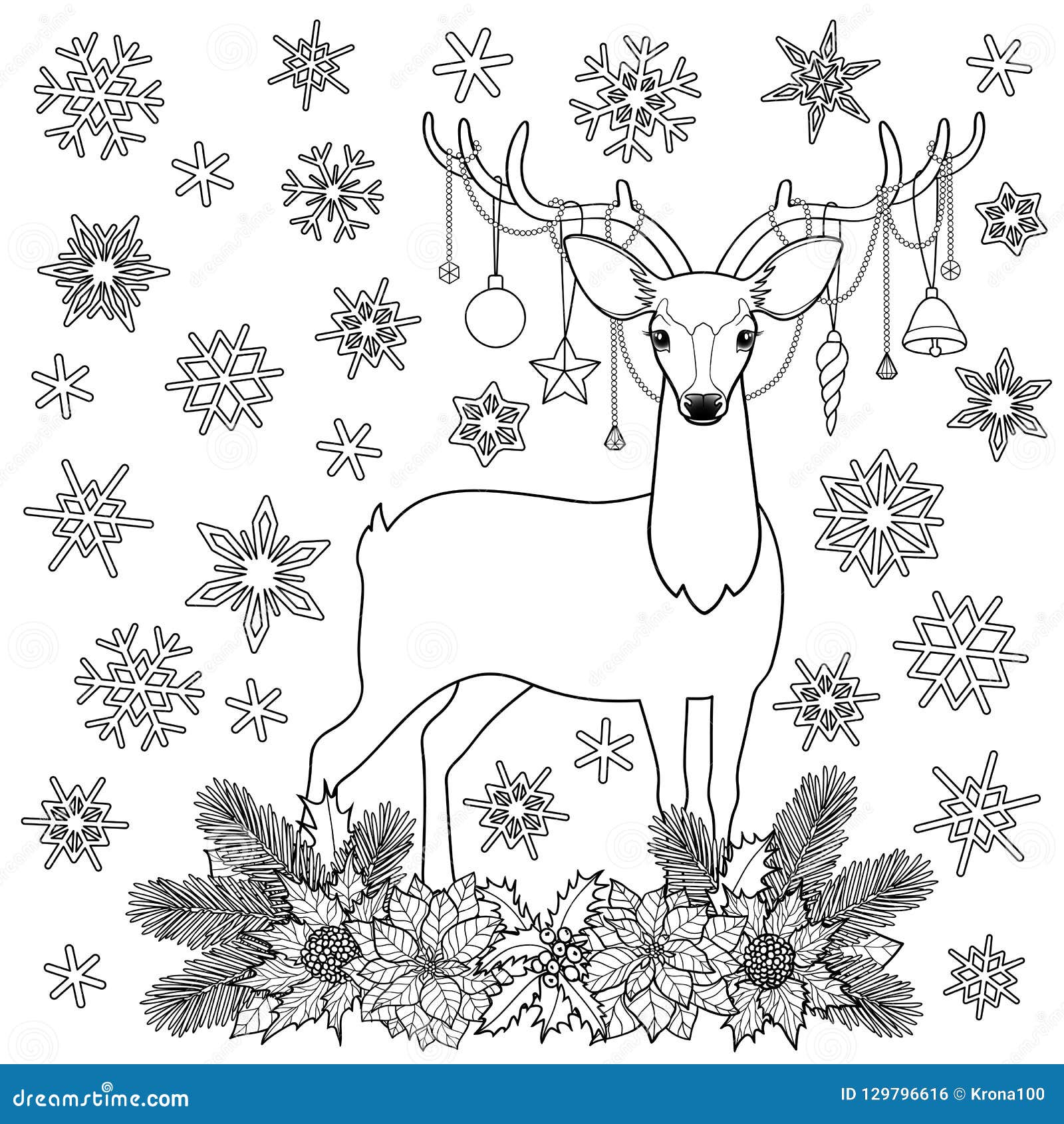 Christmas Deer Winter Holiday Outline Coloring Page Stock Vector
