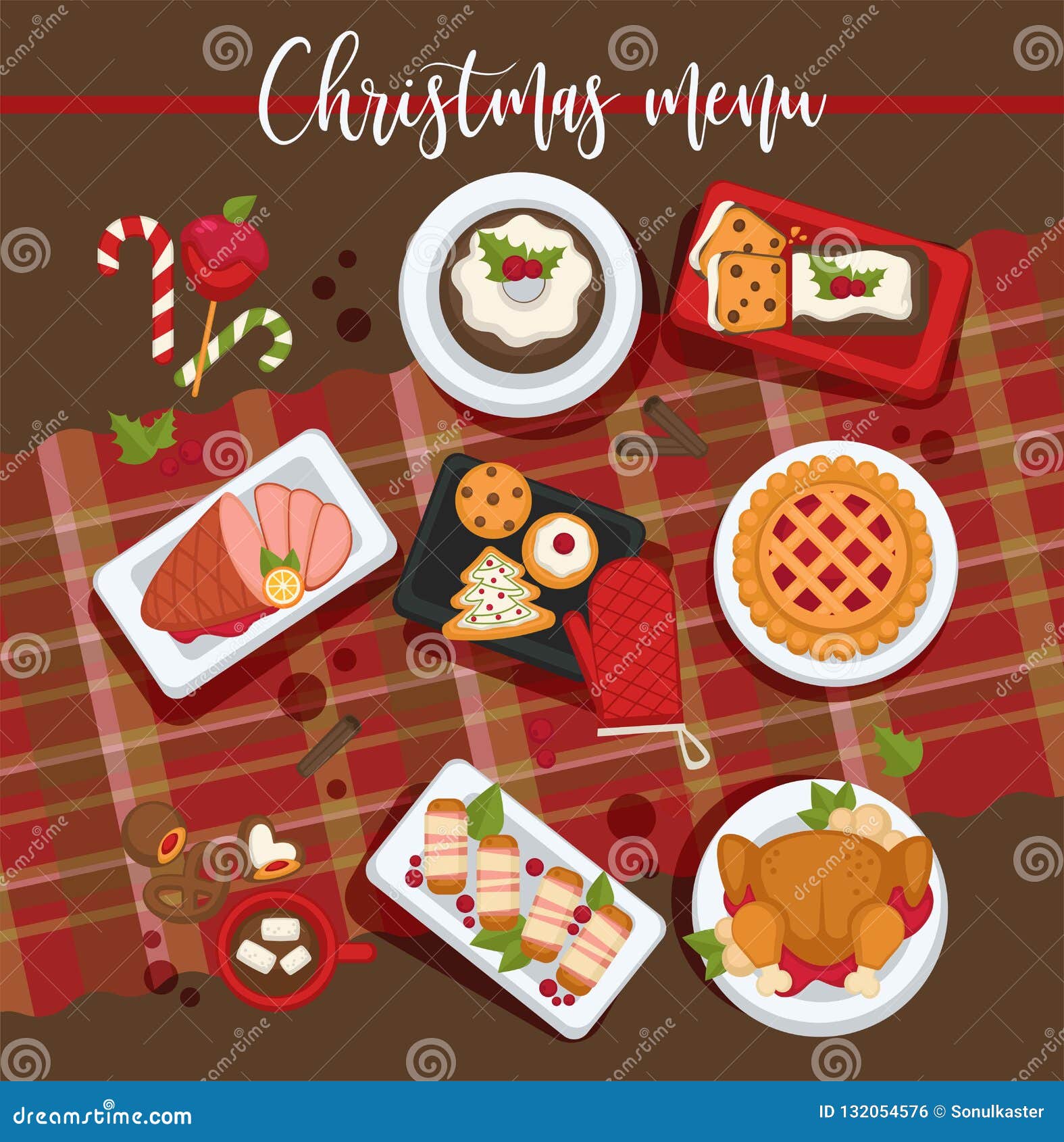 Christmas Delicious Traditional Food on a Table. Top View Stock Vector ...