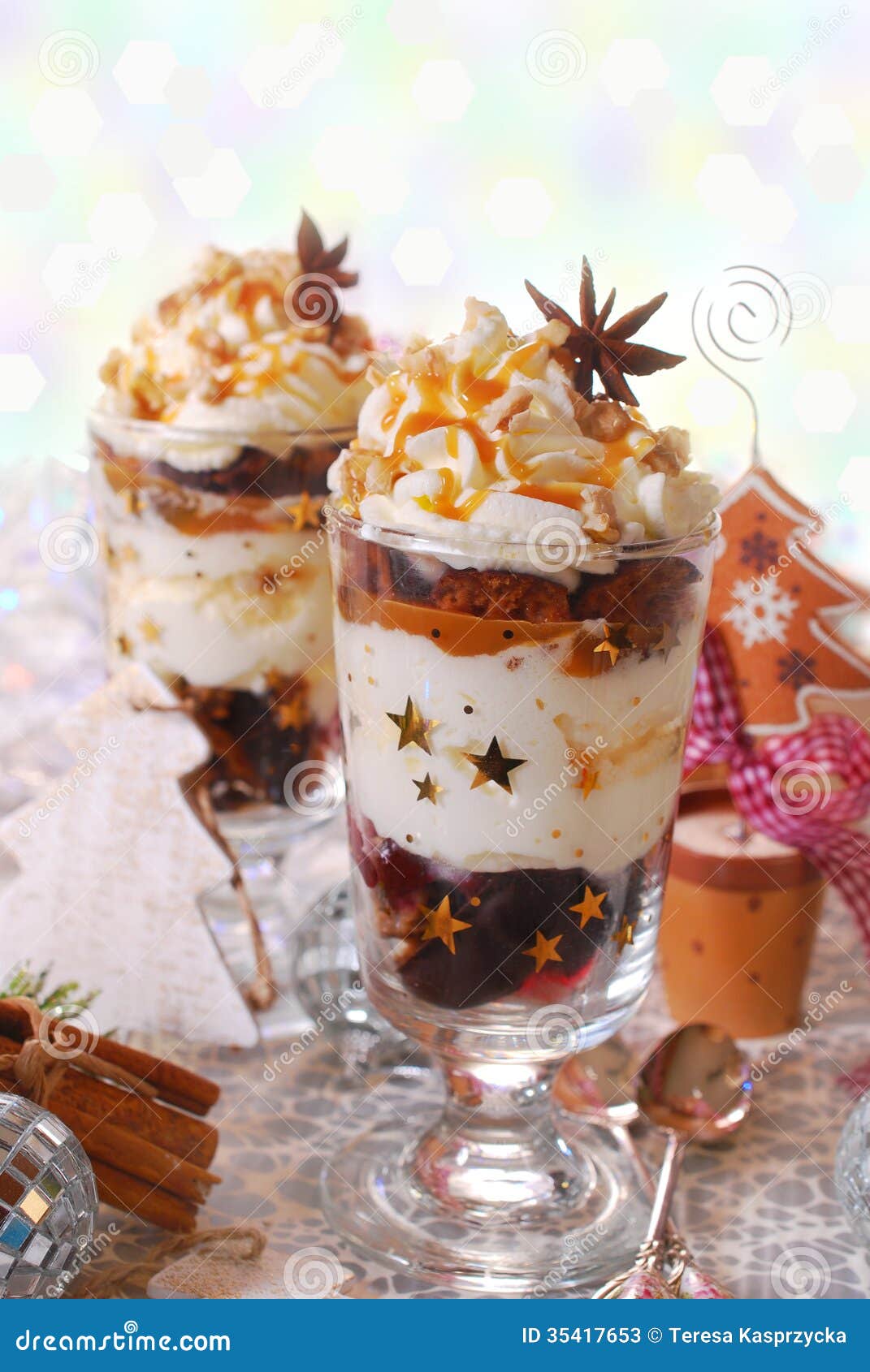 Christmas Dessert With Gingerbread,whipped Cream And Caramel Stock Image - Image of cinnamon ...