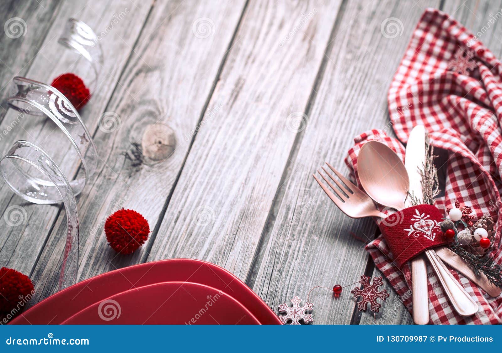 Christmas Dinner Cutlery with Decor on a Wooden Background Stock Image ...
