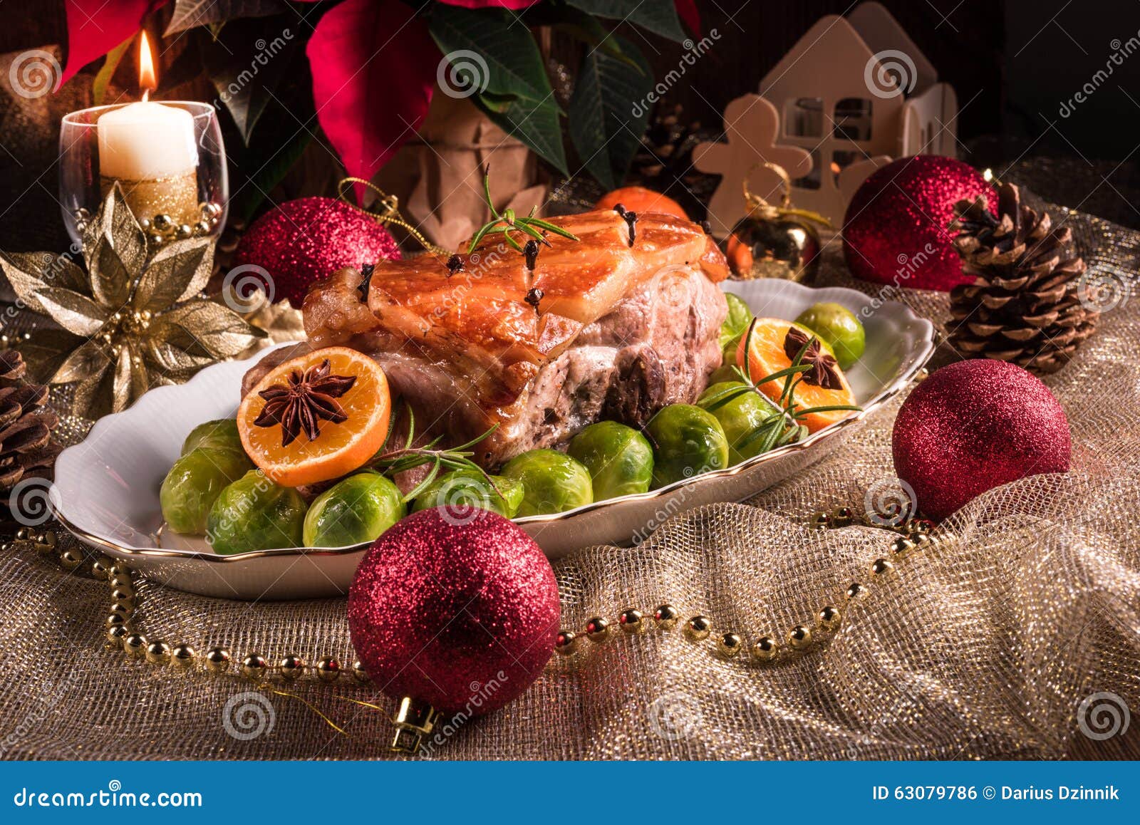 Christmas Dinner with Brussels Sprouts in Orange Sauce Stock Photo