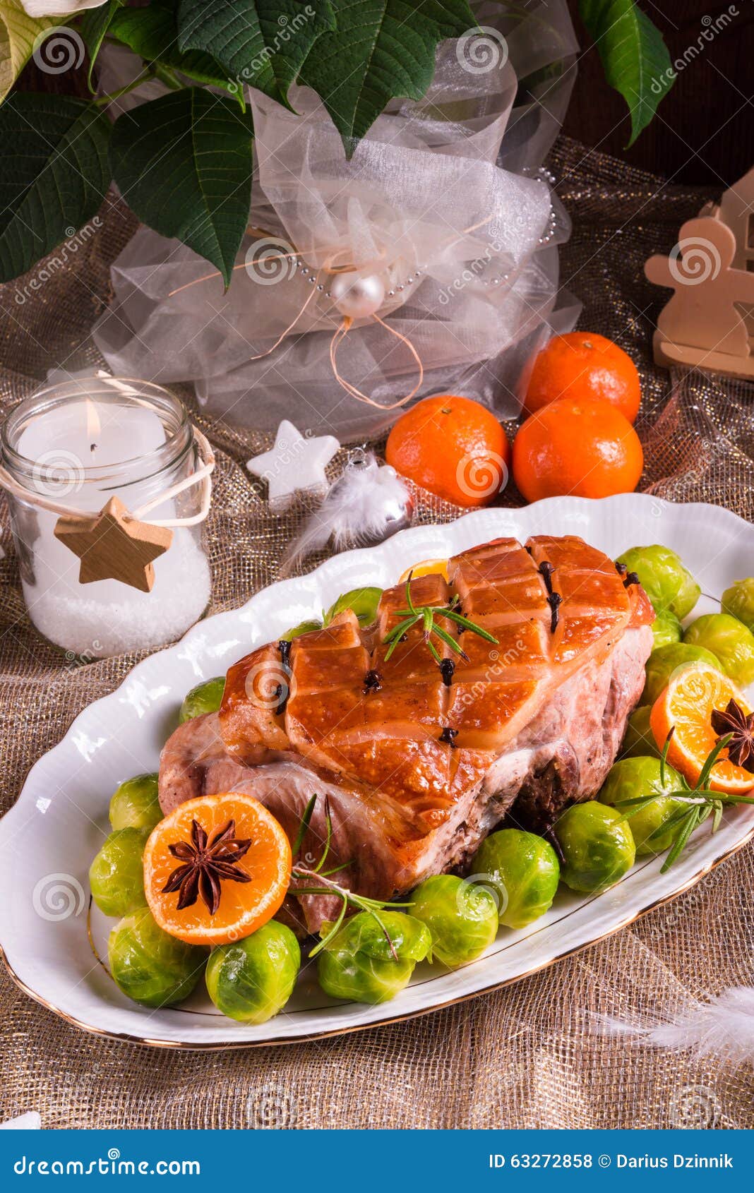 Christmas Dinner with Brussels Sprouts in Orange Sauce Stock Photo