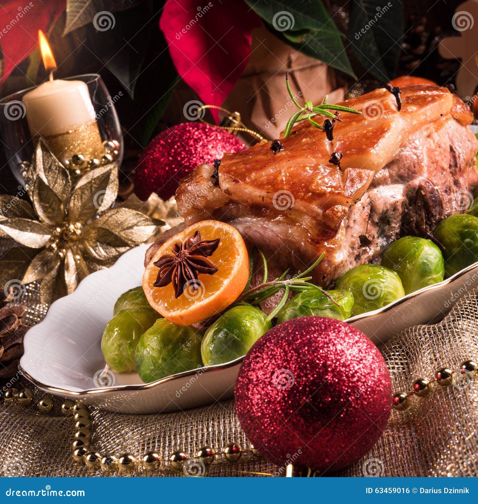 Christmas Dinner with Brussels Sprouts in Orange Sauce Stock Photo