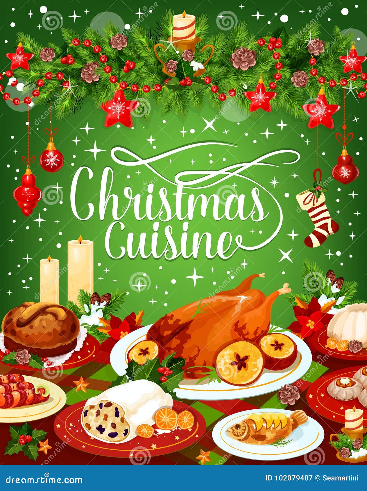 Christmas Dinner Cuisine Vector Greeting Card Stock Vector ...