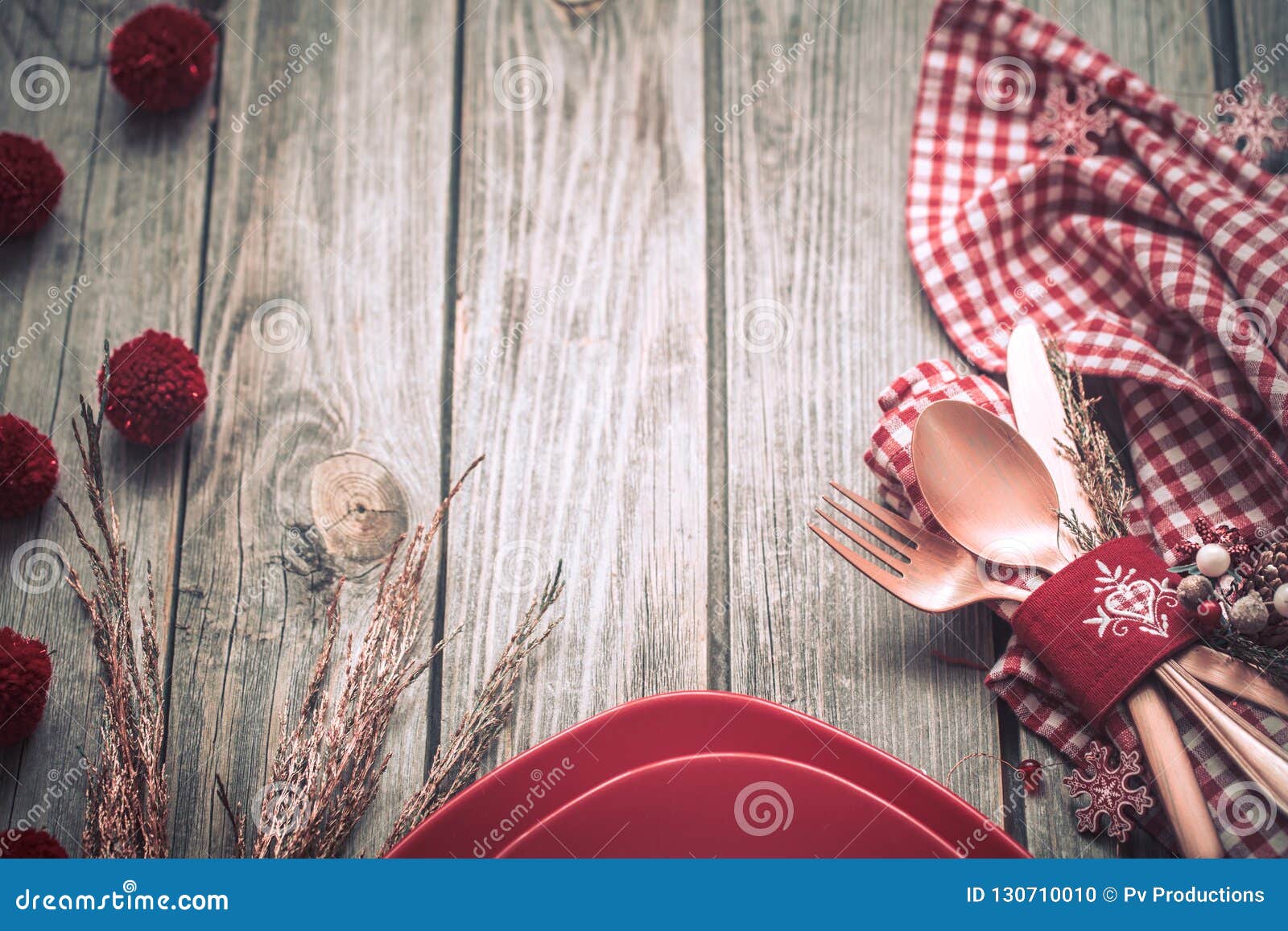 Christmas Dinner Cutlery with Decor on a Wooden Background Stock Photo ...