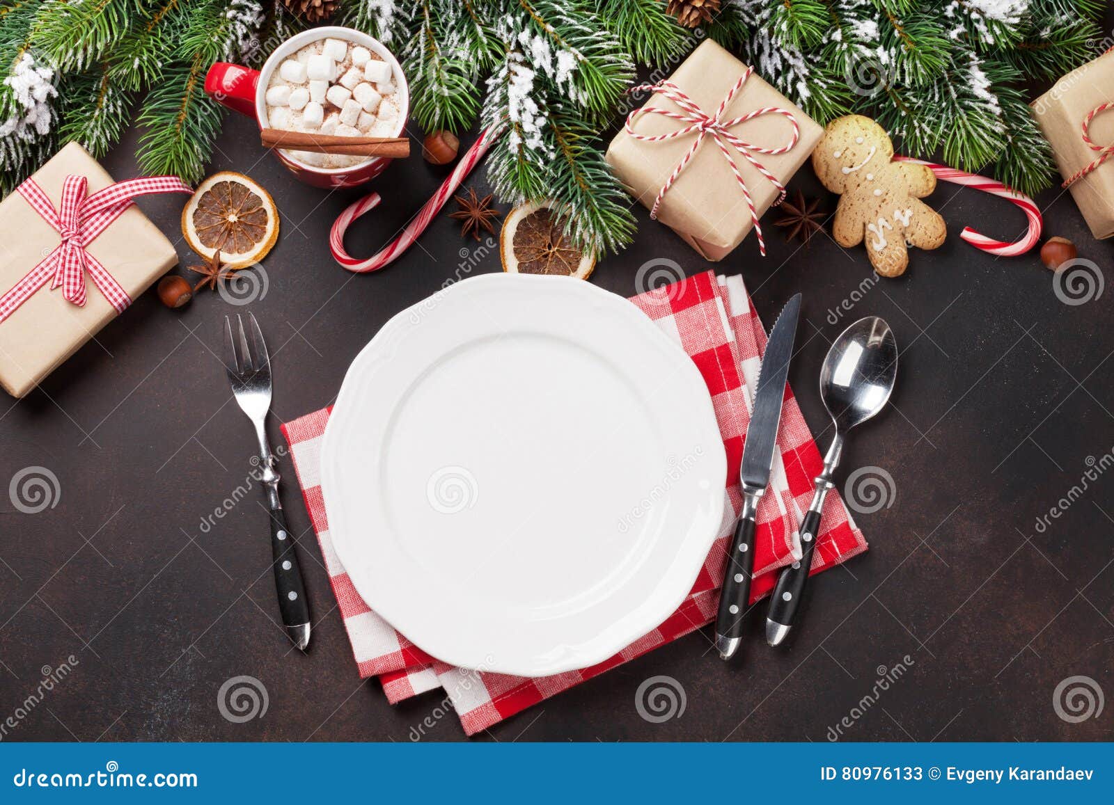 Christmas Dinner Plate, Silverware, Fir Tree, Gifts Stock Image - Image ...