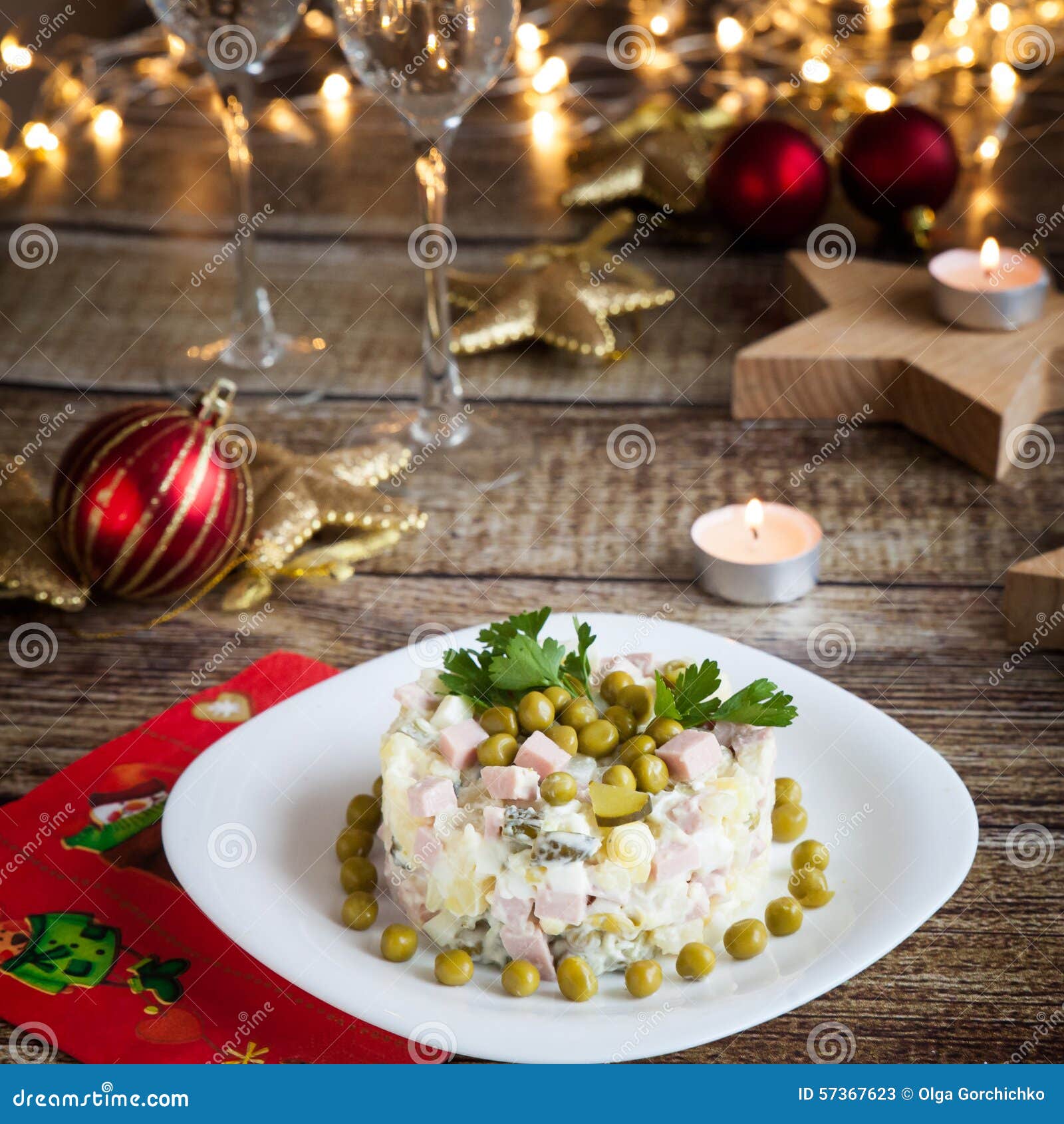 Christmas Dinner with Salad Olivier Stock Image - Image of garnish ...