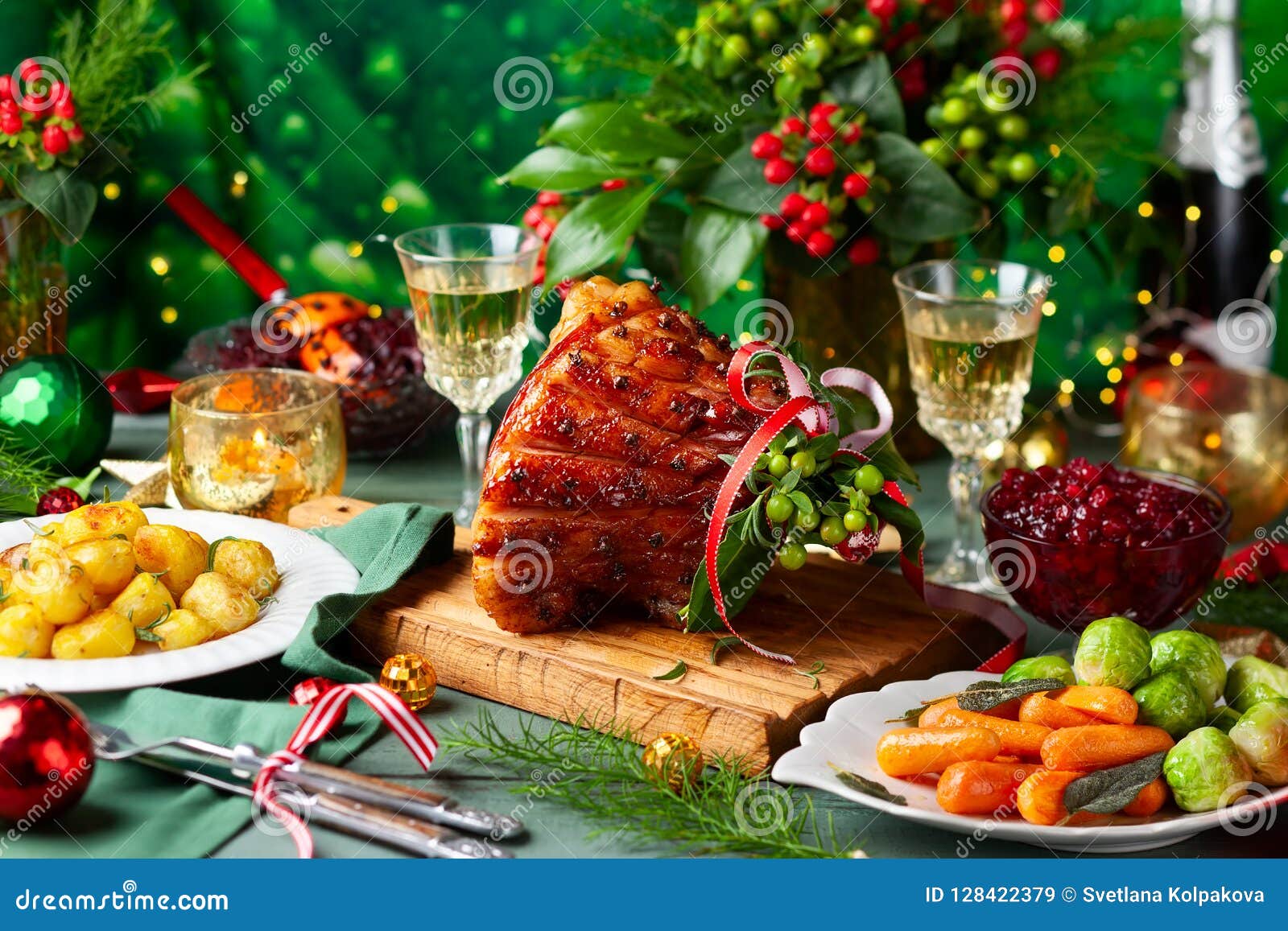 Christmas Dinner with Side Dishes Stock Image - Image of green, honey