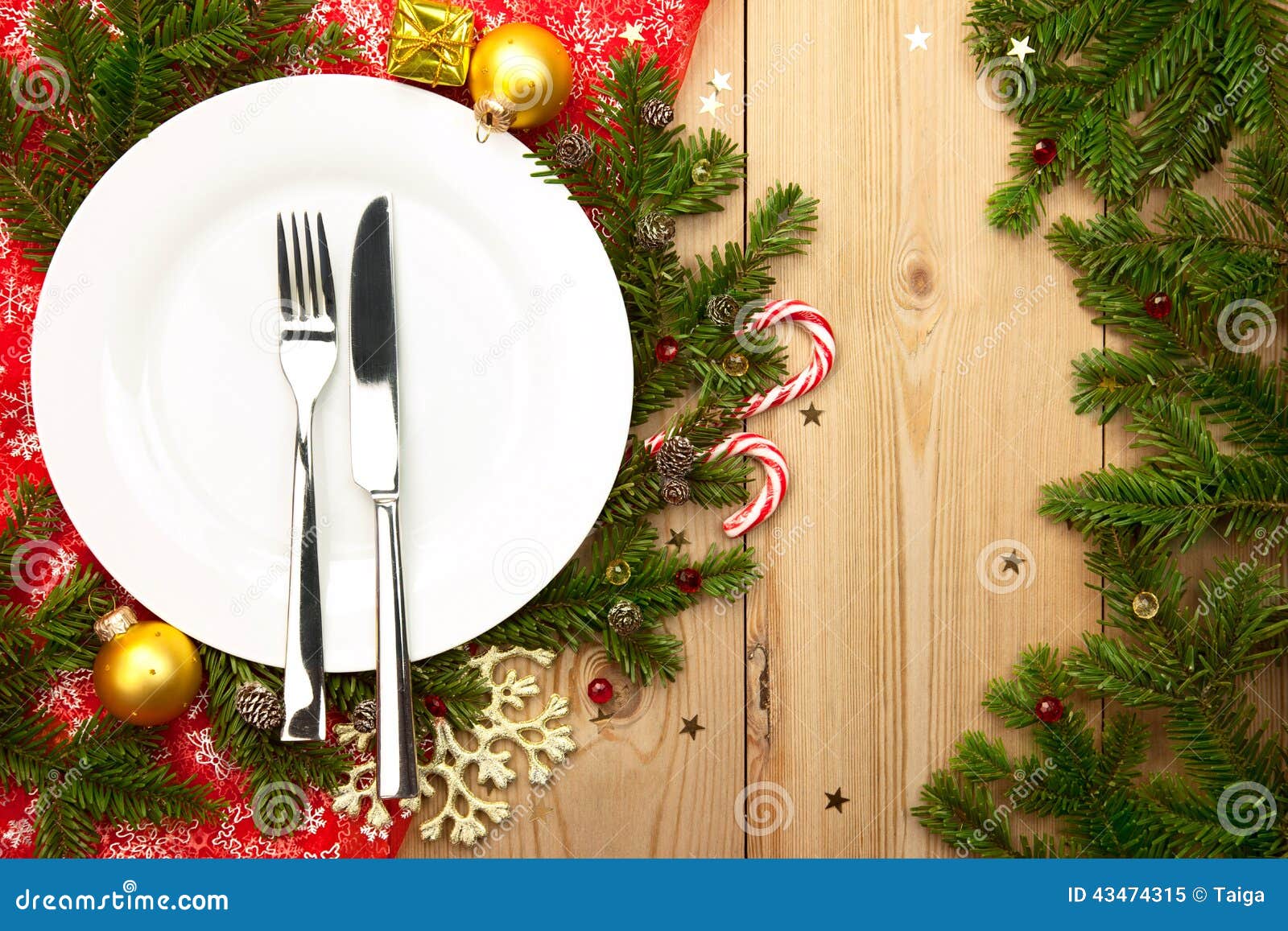 Christmas Dinner - White Plate With Cutlery On Wooden Background Stock ...