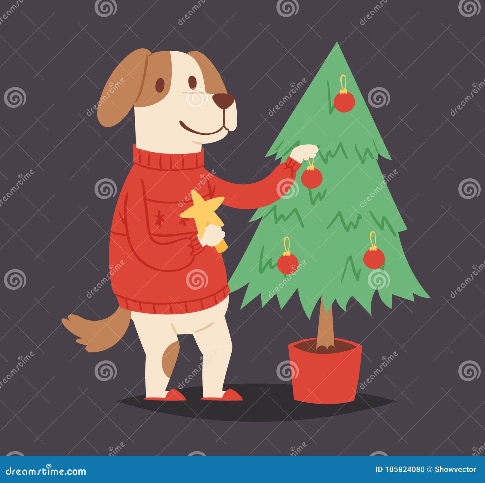 Download Christmas Dog Vector Cute Cartoon Puppy And Tree Character Illustration Pet Doggy Xmas Celebrate Pose