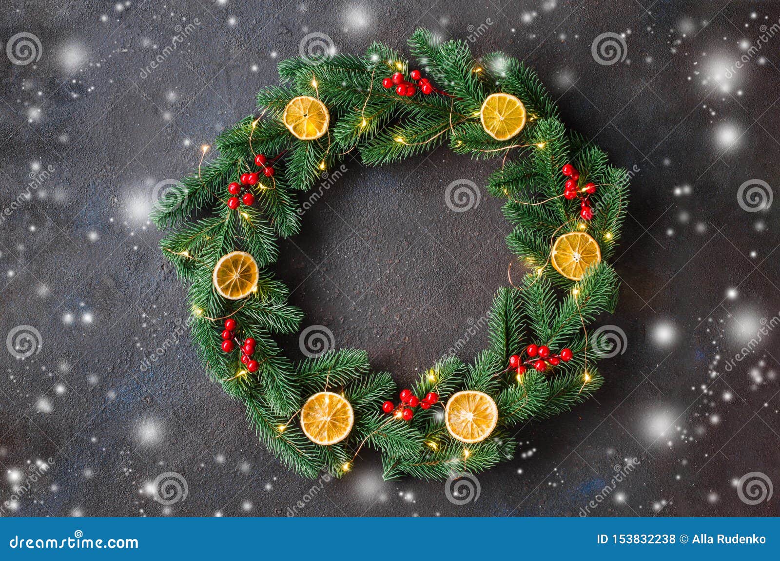 Christmas Door Wreath Made Of Tree Fir Branches With Xmas