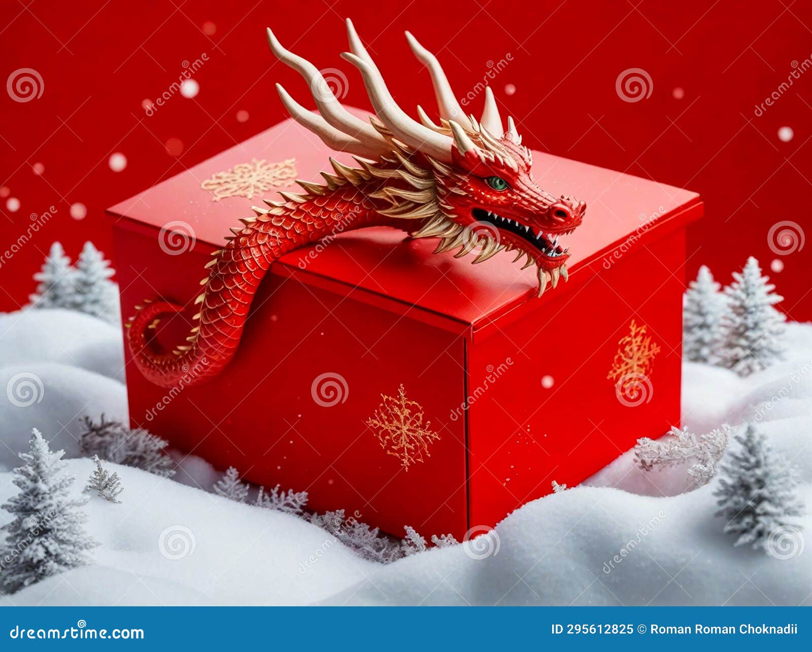 Christmas Dragon with Gift Box, a Red Dragon in a Red Box for Christmas