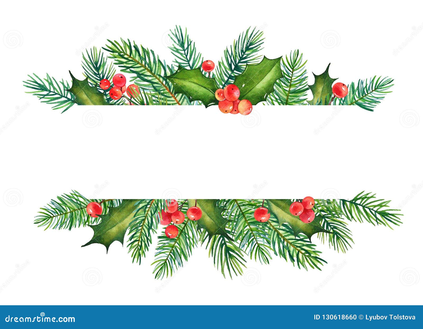 Christmas Element with Watercolor Branches of Holly and Pine Tree Stock ...