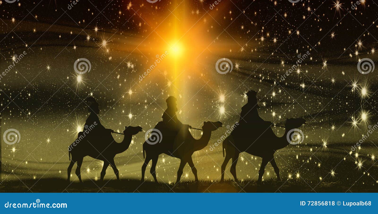 christmas, epiphany, three kings on camels, background with stars