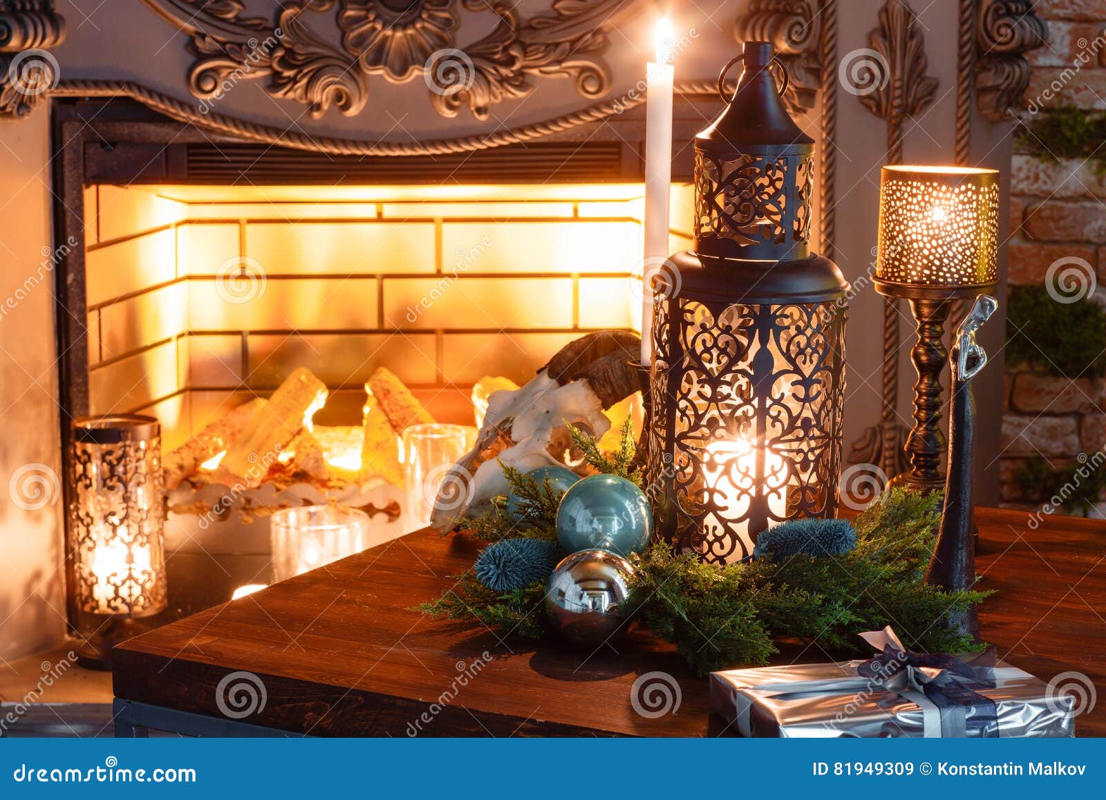 Christmas Evening by Candlelight. Classic Apartments with a Fireplace