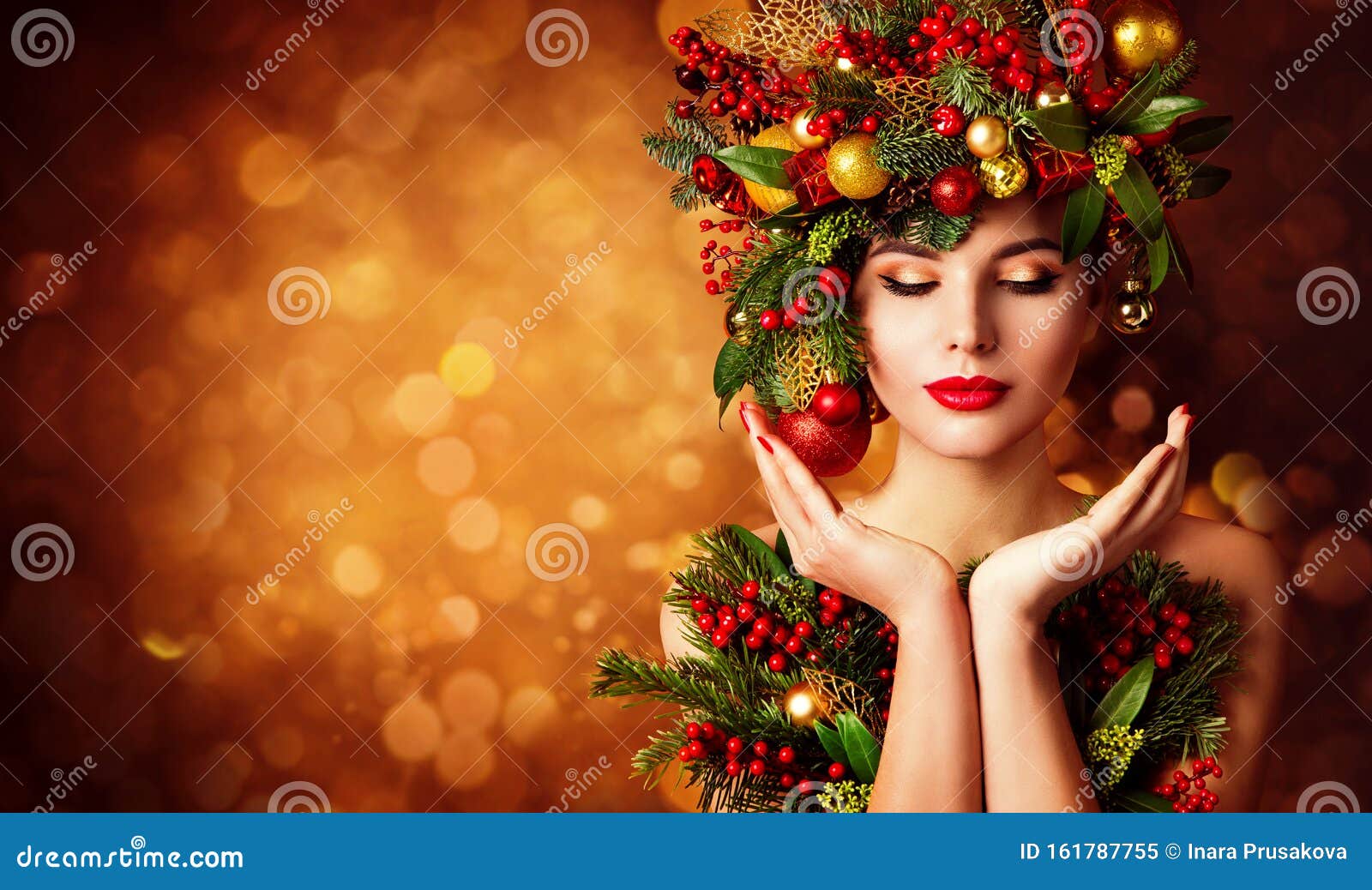 christmas face and hands skin care, woman beauty makeup, art wreath hairstyle, xmas beautiful portrait