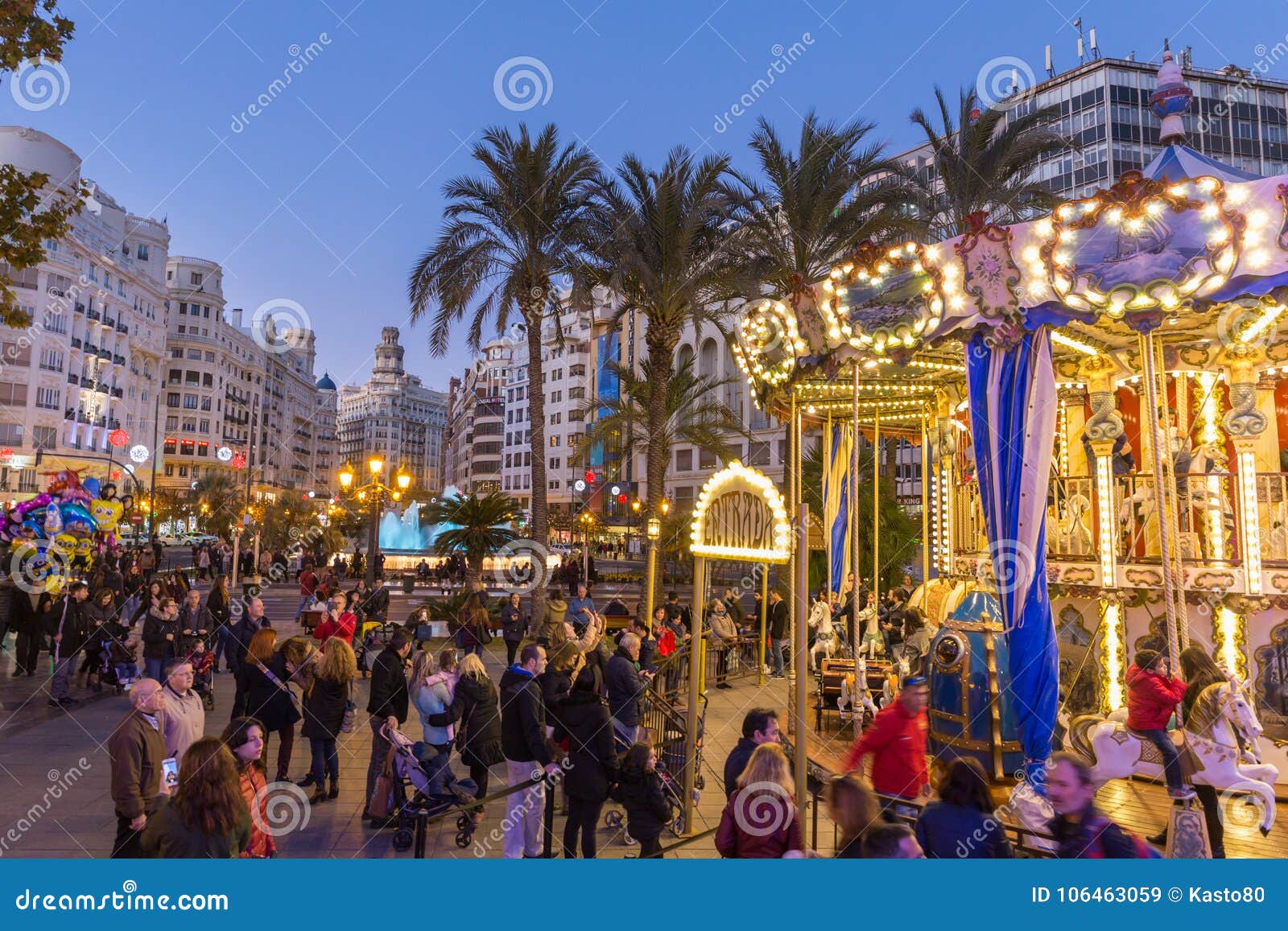 Christmas Fair with Carousel on Modernisme Plaza of City Hall of Valencia, Spain. Editorial Image - Image of plaza: 106463059