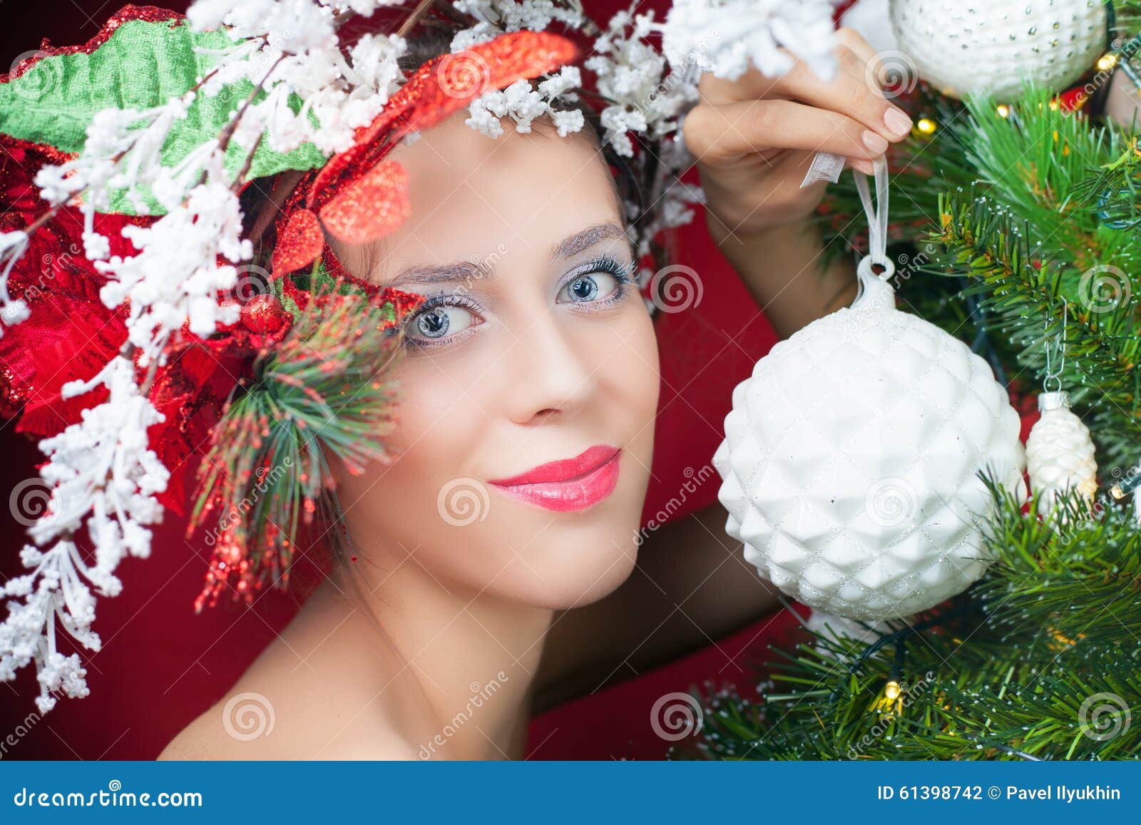 Christmas Fairy Woman with Tree Hairstyle Decorating Christmas Tree ...