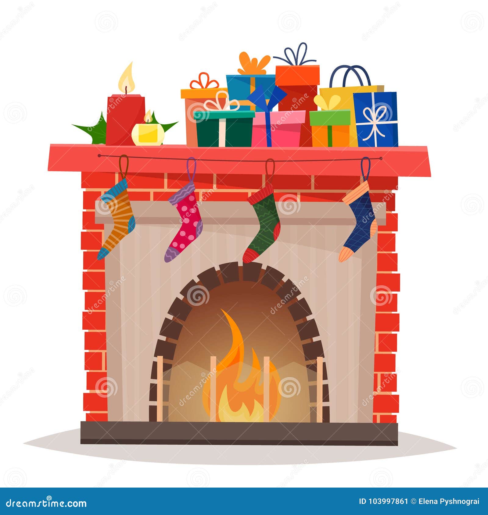 Christmas Fireplace with Gifts, Socks and Candles. Stock Vector -  Illustration of gift, decor: 103997861