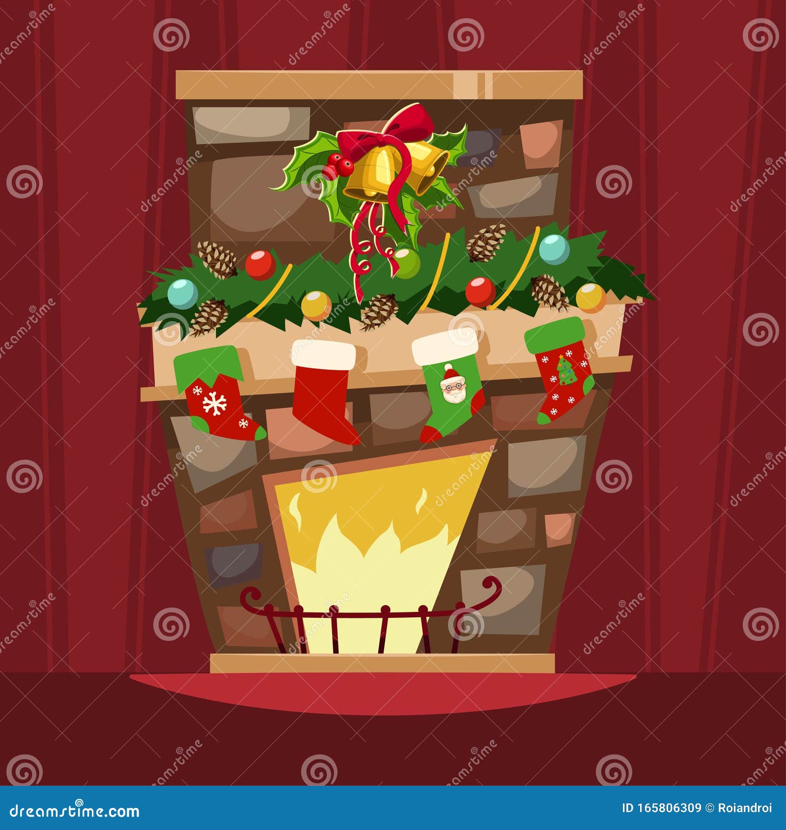 Christmas Fireplace, Mantle, Stockings, Mistletoe Vector Cartoon Flat Icon  Stock Vector - Illustration of decor, furniture: 165806309