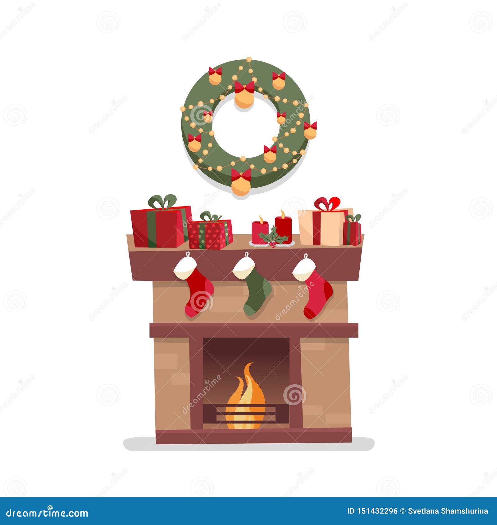 Christmas Fireplace with Socks, Decorations, Gift Boxes, Candeles, Socks and Wreath on a White Background. Cozy Flat Cartoon Style Stock Vector - Illustration of background, present: 151432296 Christmas Fireplace with Socks, Decorations, Gift Boxes, Candeles, Socks and Wreath on a White Background. Cozy Flat Cartoon Style Stock Vector - Illustration of background, present: 151432296