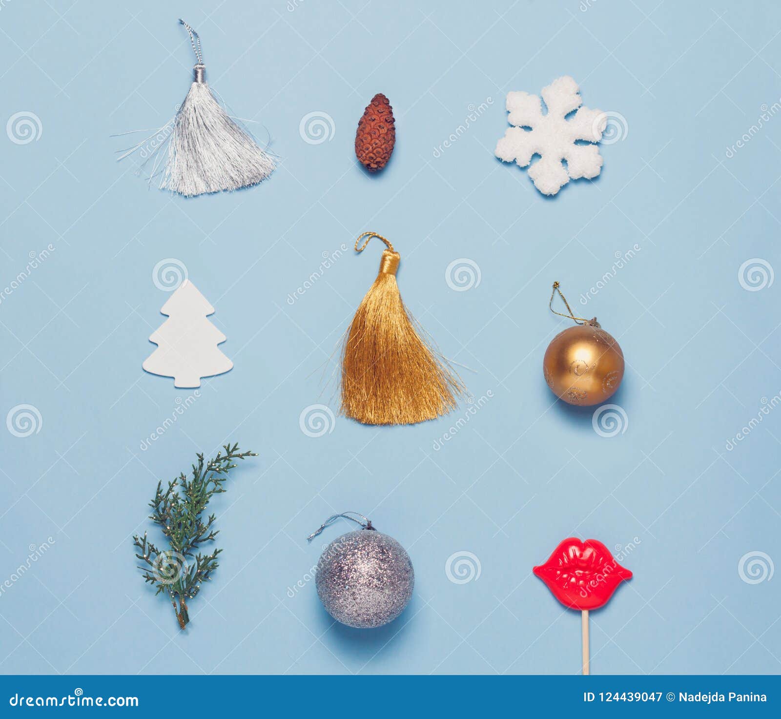 Download Christmas Flat Lay Grouup Christmas Related Objects Blue Table Stock Image
