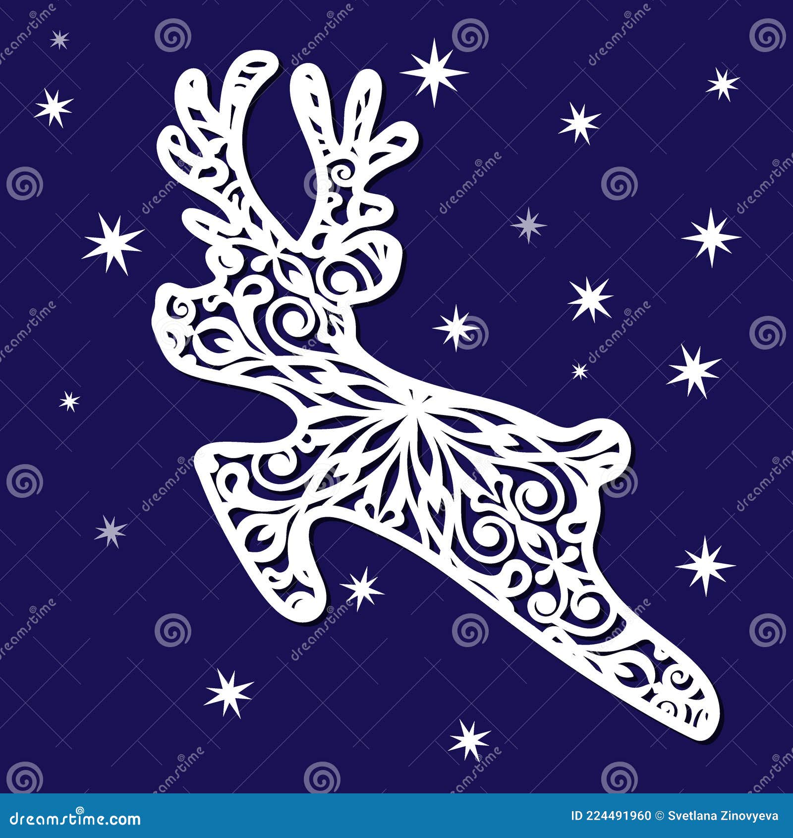 Christmas Flying Deer with an Openwork Pattern. Stencil for Cutting