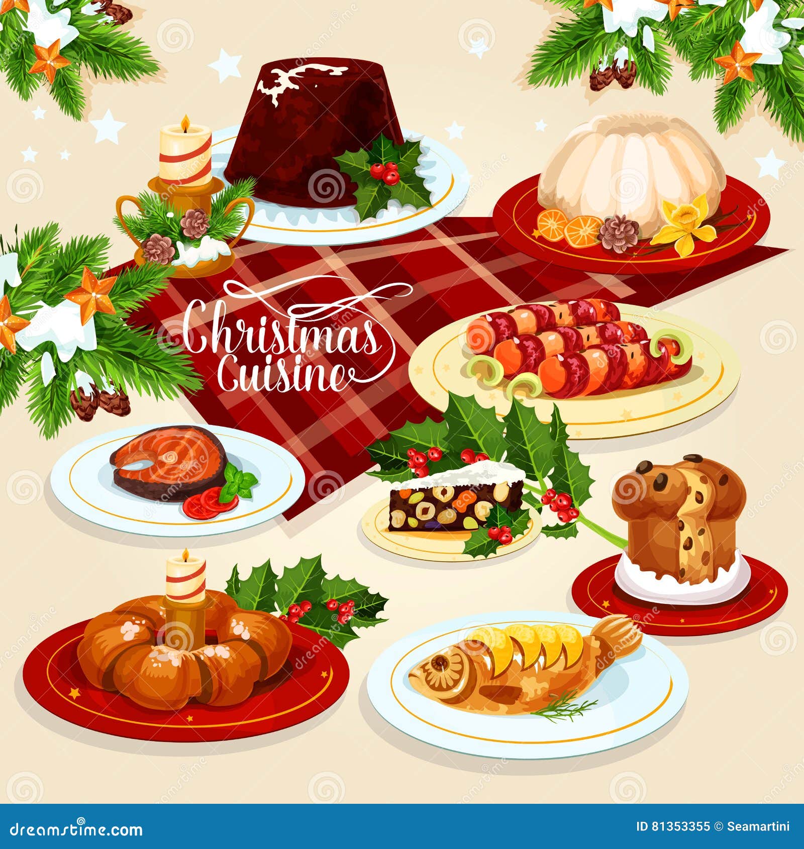 Christmas Food Icon with Meat, Fish, Pastry Dishes Stock Vector ...