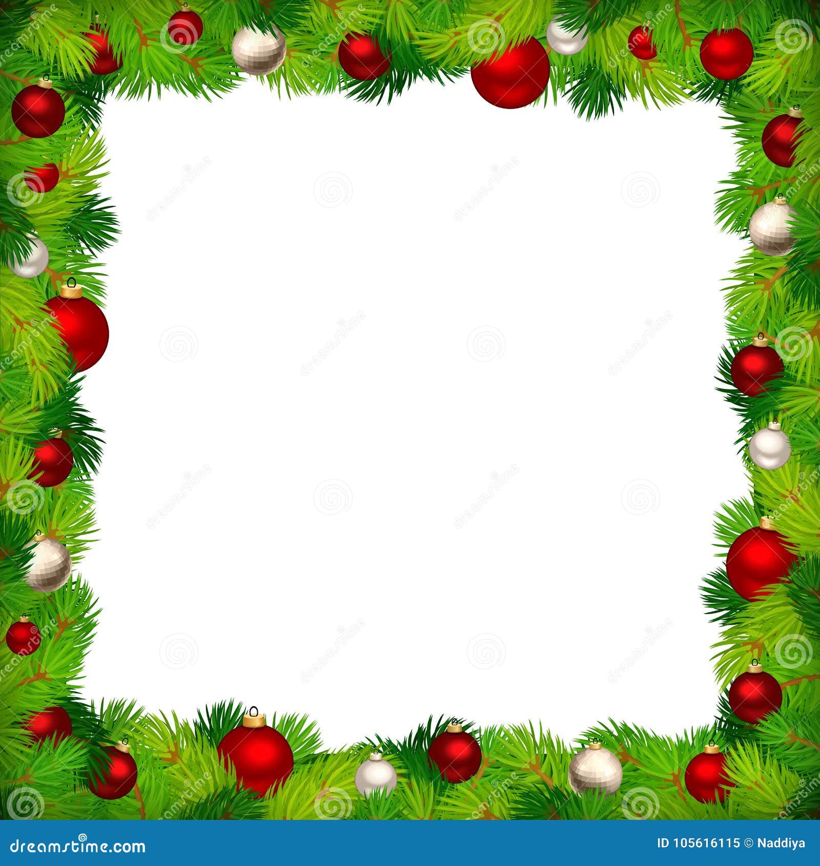 Christmas Frame with Fir Branches and Red and Silver Balls. Vector ...
