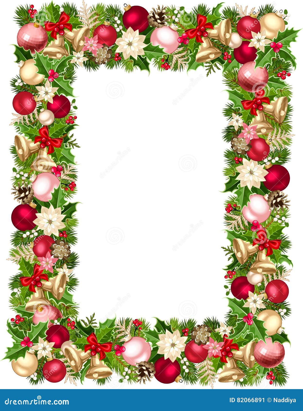 Christmas Frame with Fir-tree Branches, Balls, Bells, Holly, Poinsettia ...