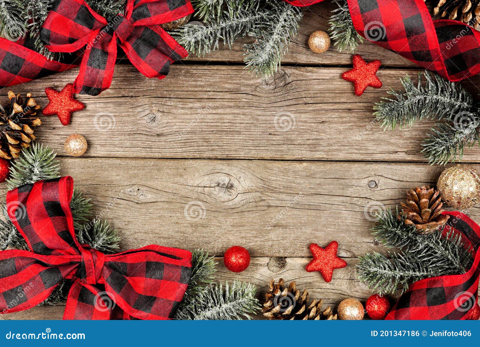 Christmas Frame of Ornaments, Branches and Buffalo Plaid Check Ribbon ...