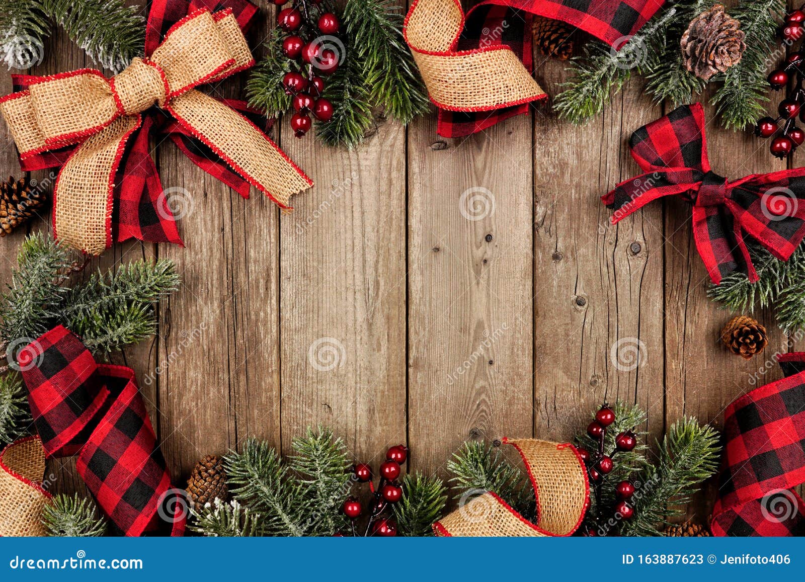 Christmas Frame With Red And Black Checked Buffalo Plaid Ribbon, Burlap