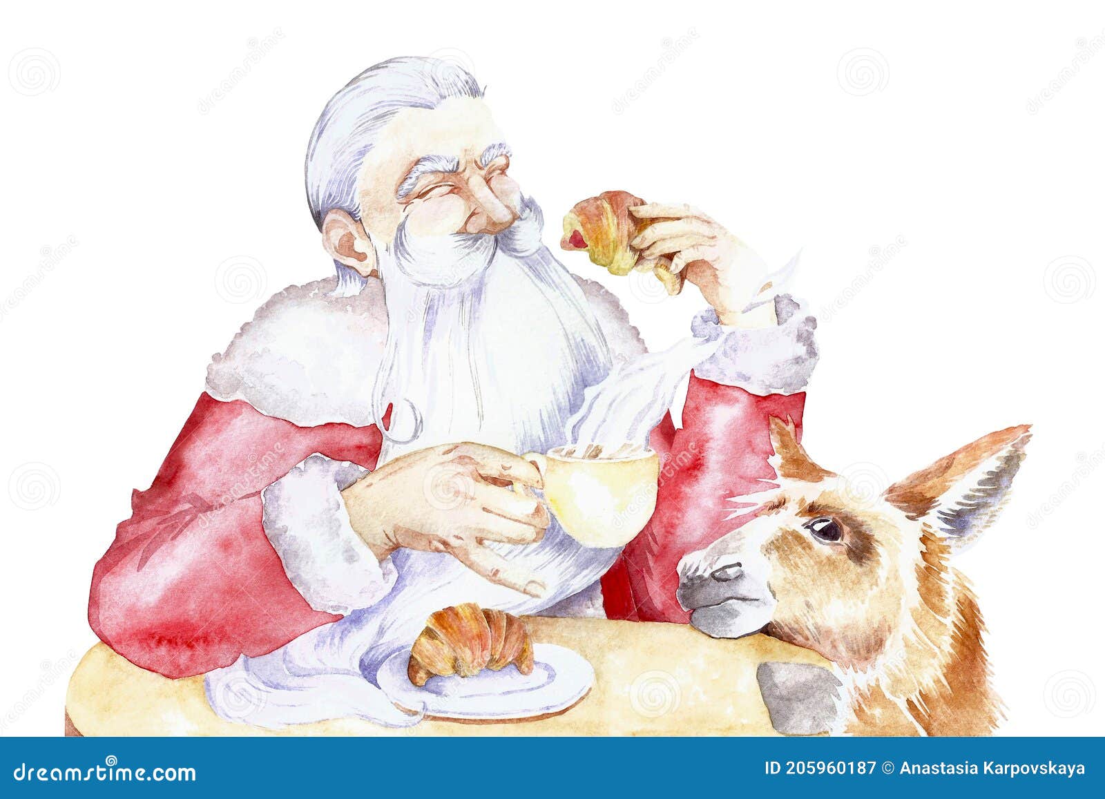 Christmas France Pere Noel. Franciscan Santa Claus Eats a Croissant and