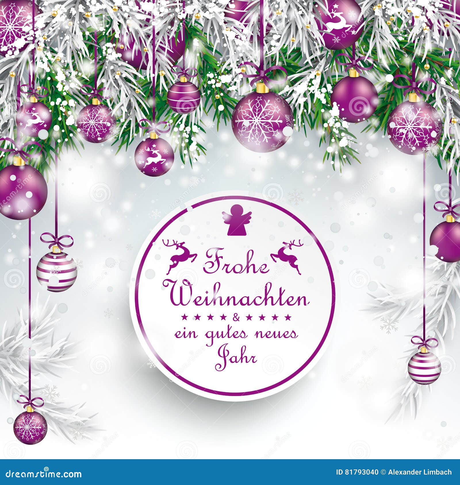 Christmas Frozen Green Twigs Purple Baubles Frohe Weihnachten Stock Vector Illustration Of Christmas Sale 81793040