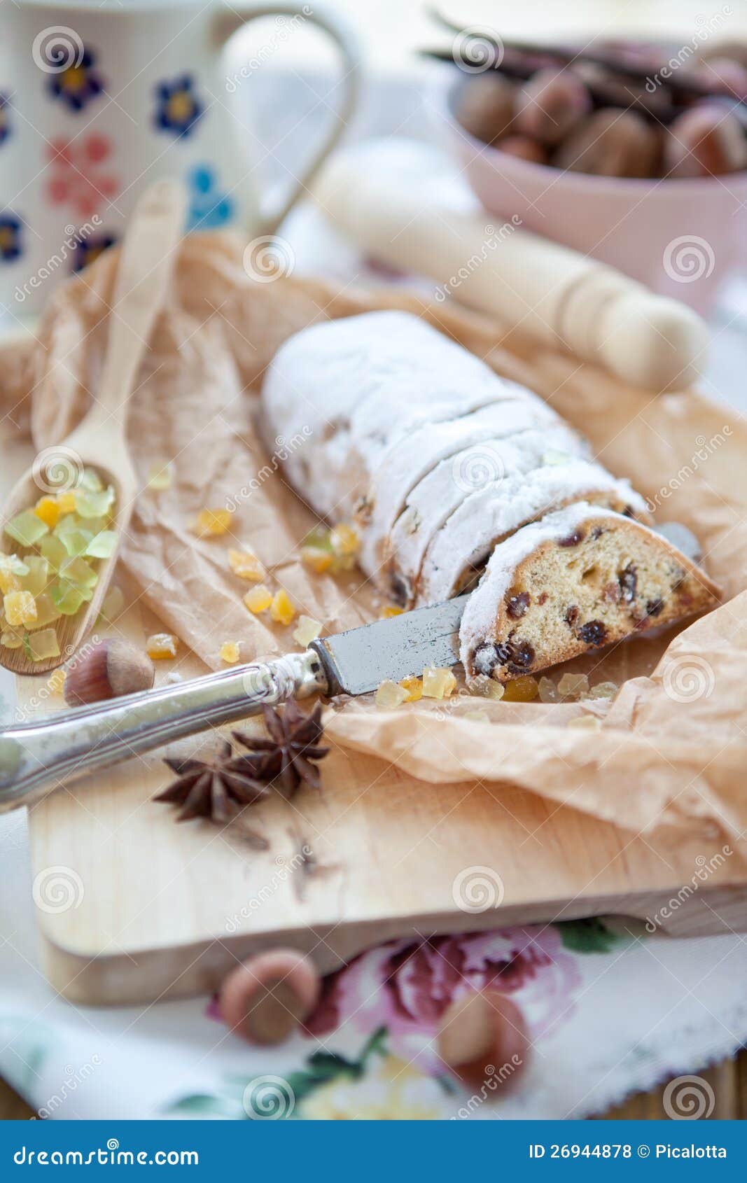Christmas Fruit Loaf with Powdered Sugar Stock Photo - Image of knife ...
