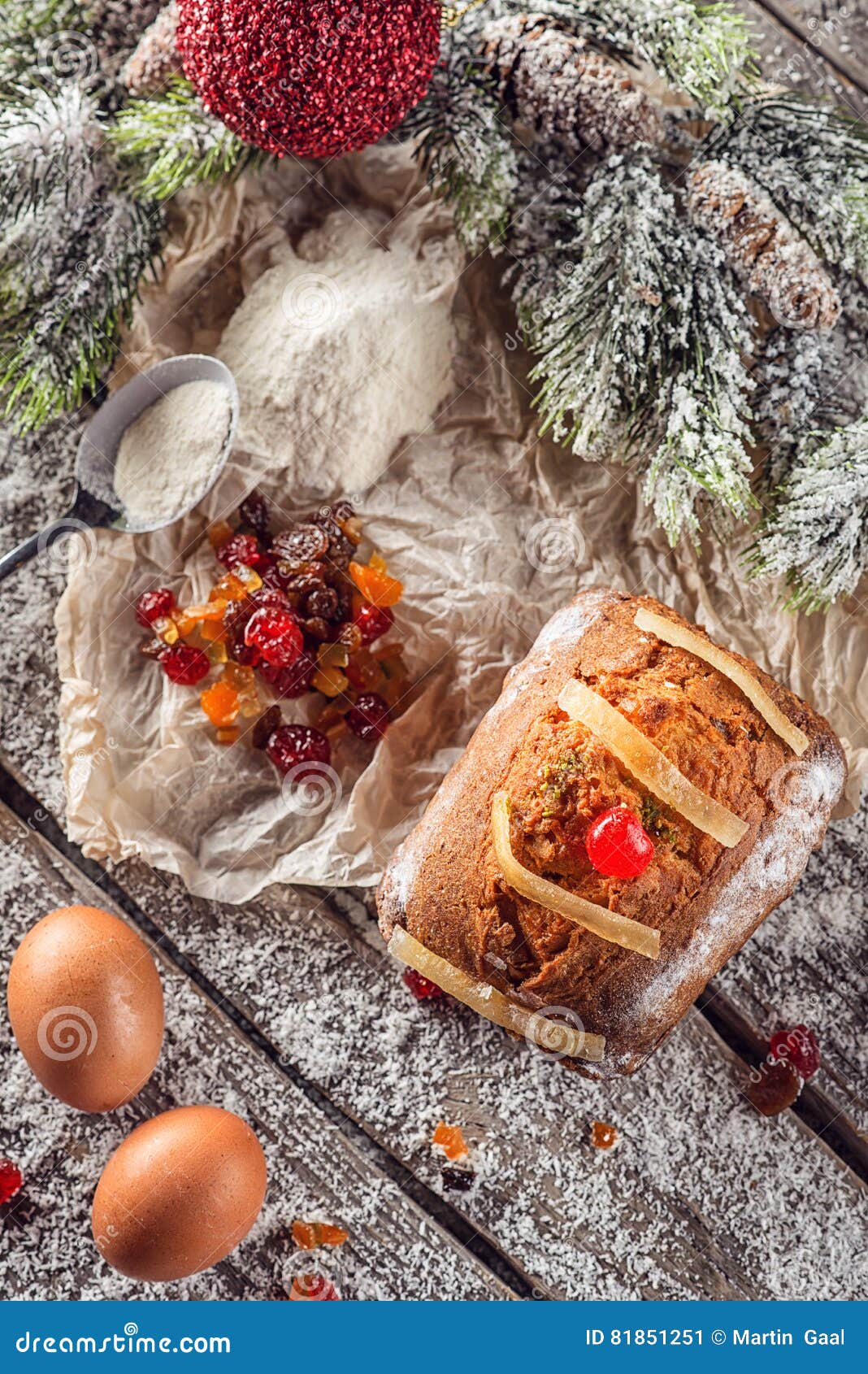 Christmas Fruit Traditional Loaf or Cake with Ingredients and Christmas ...