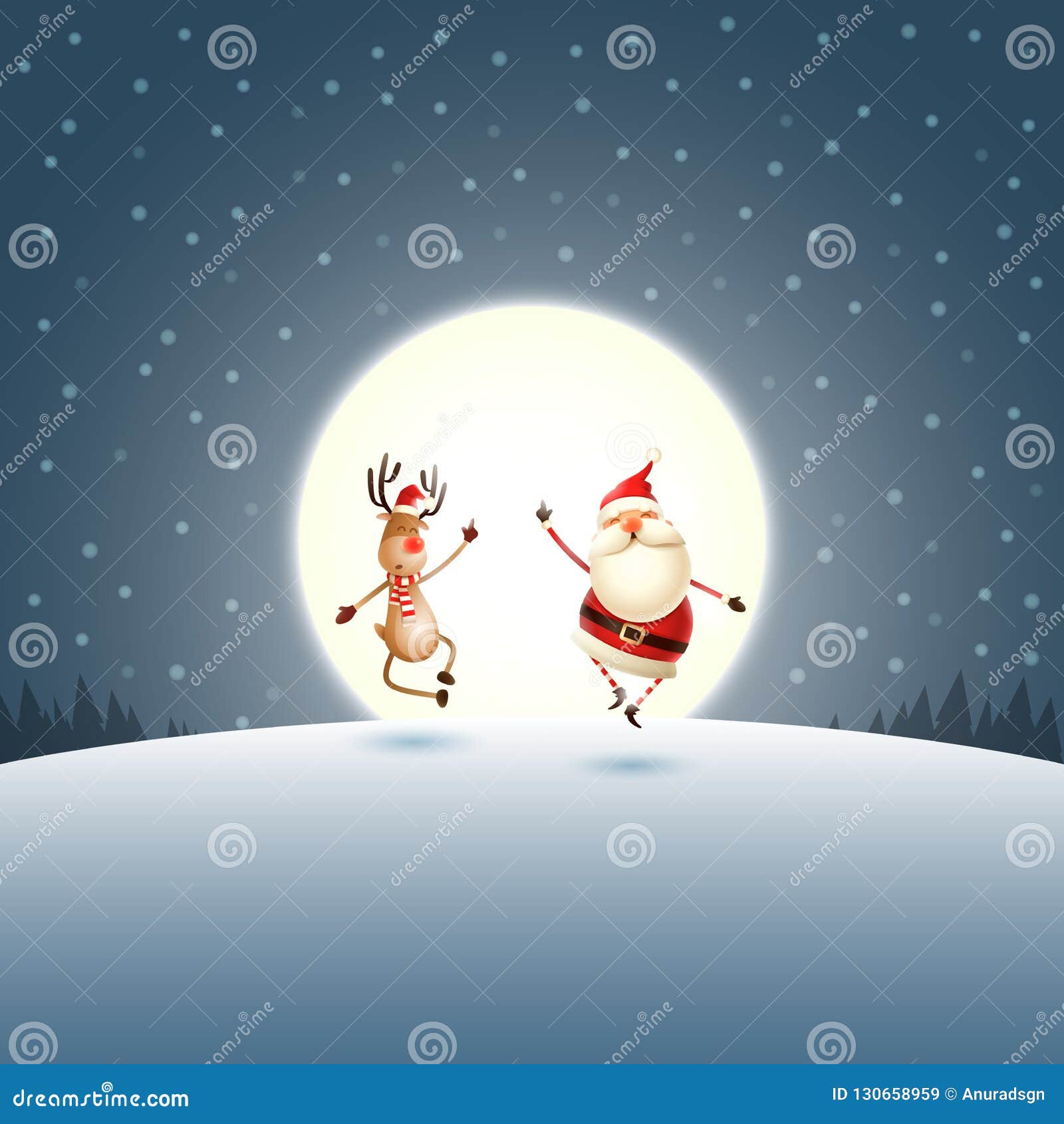 christmas funny poster - happy expresion of santa claus and reindeer - moonlight winter landscape
