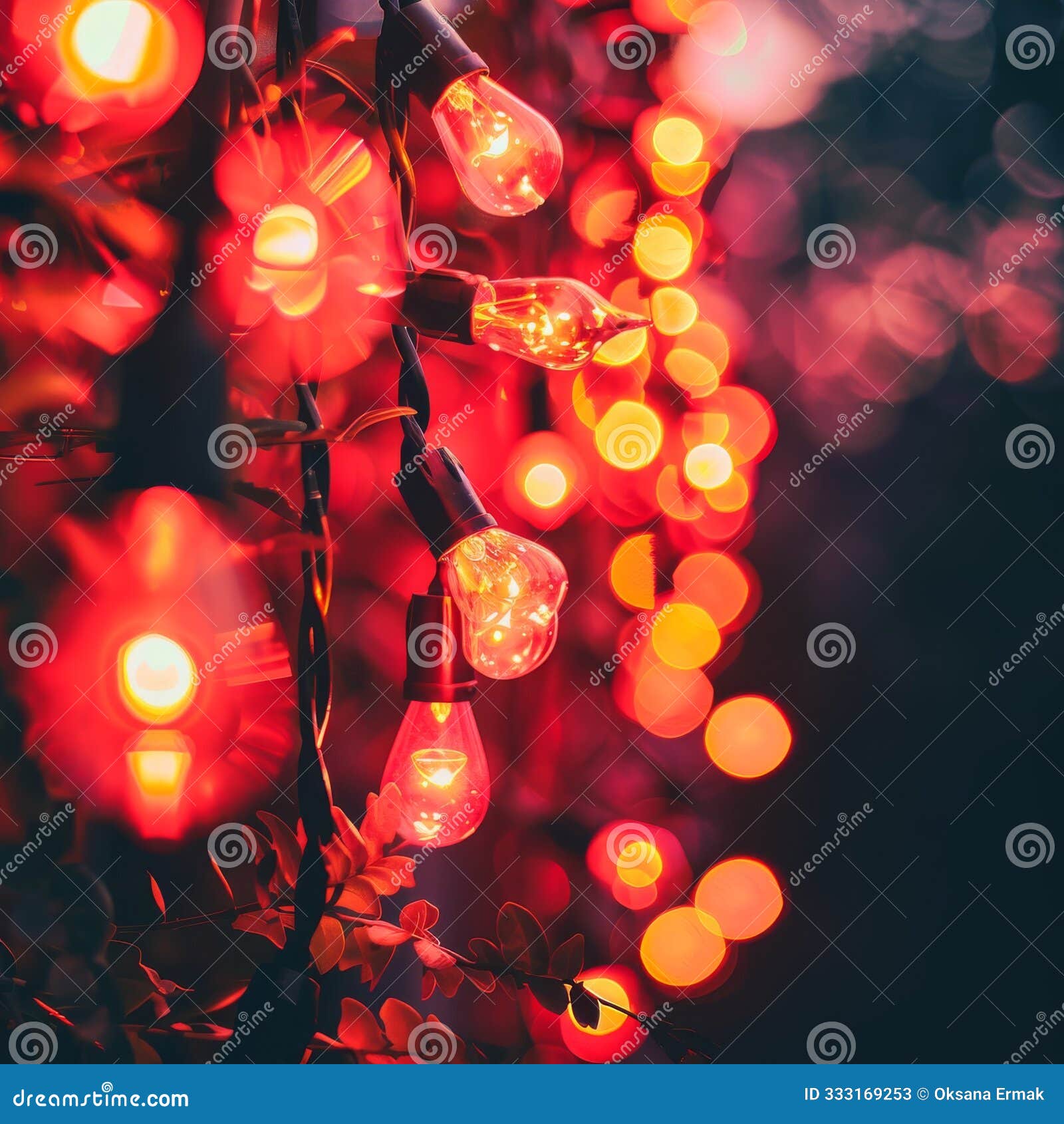 christmas garland on blurred background, color bokeh circles, beautiful blur xmas night lights mockup
