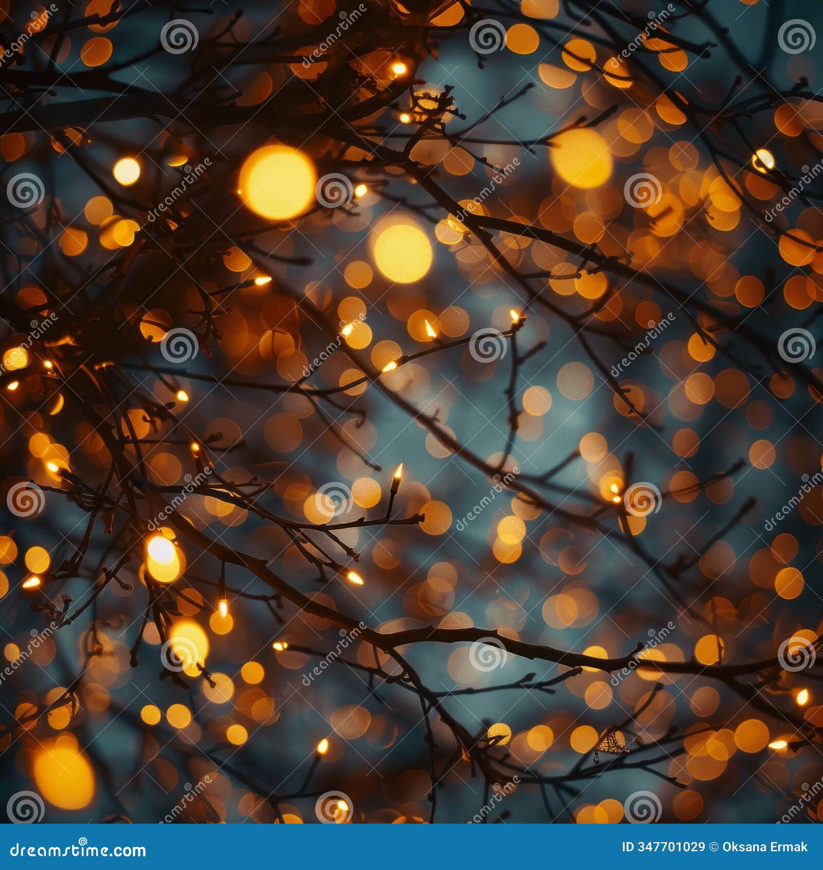 christmas garland on blurred background, color bokeh circles, beautiful blur xmas night lights mockup